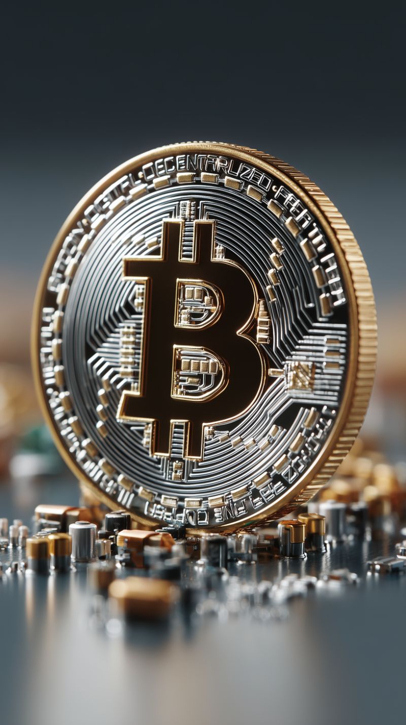 Macro Close-up of Bitcoin Coin on Circuit Board