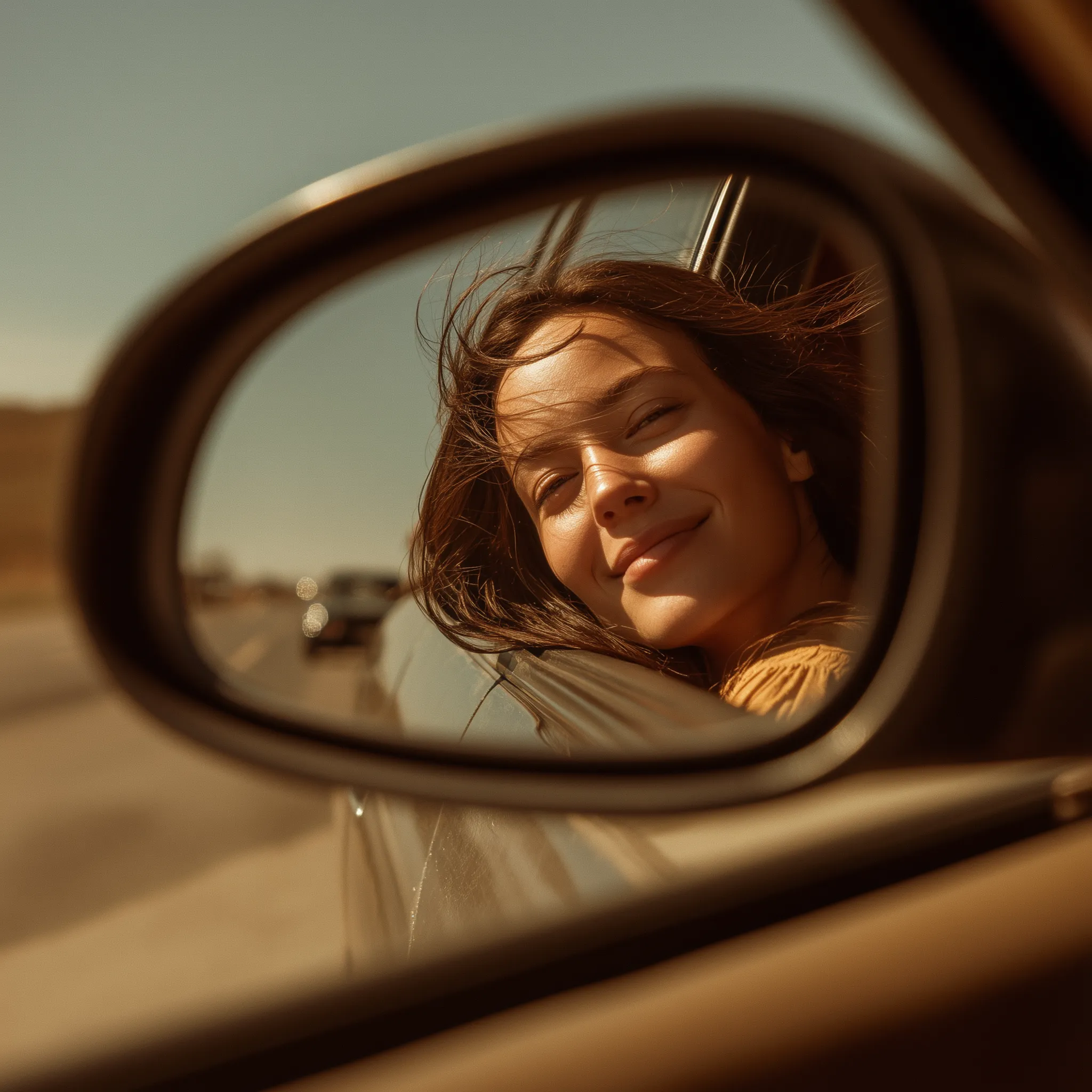 Smiling woman in car side mirror on sunny drive