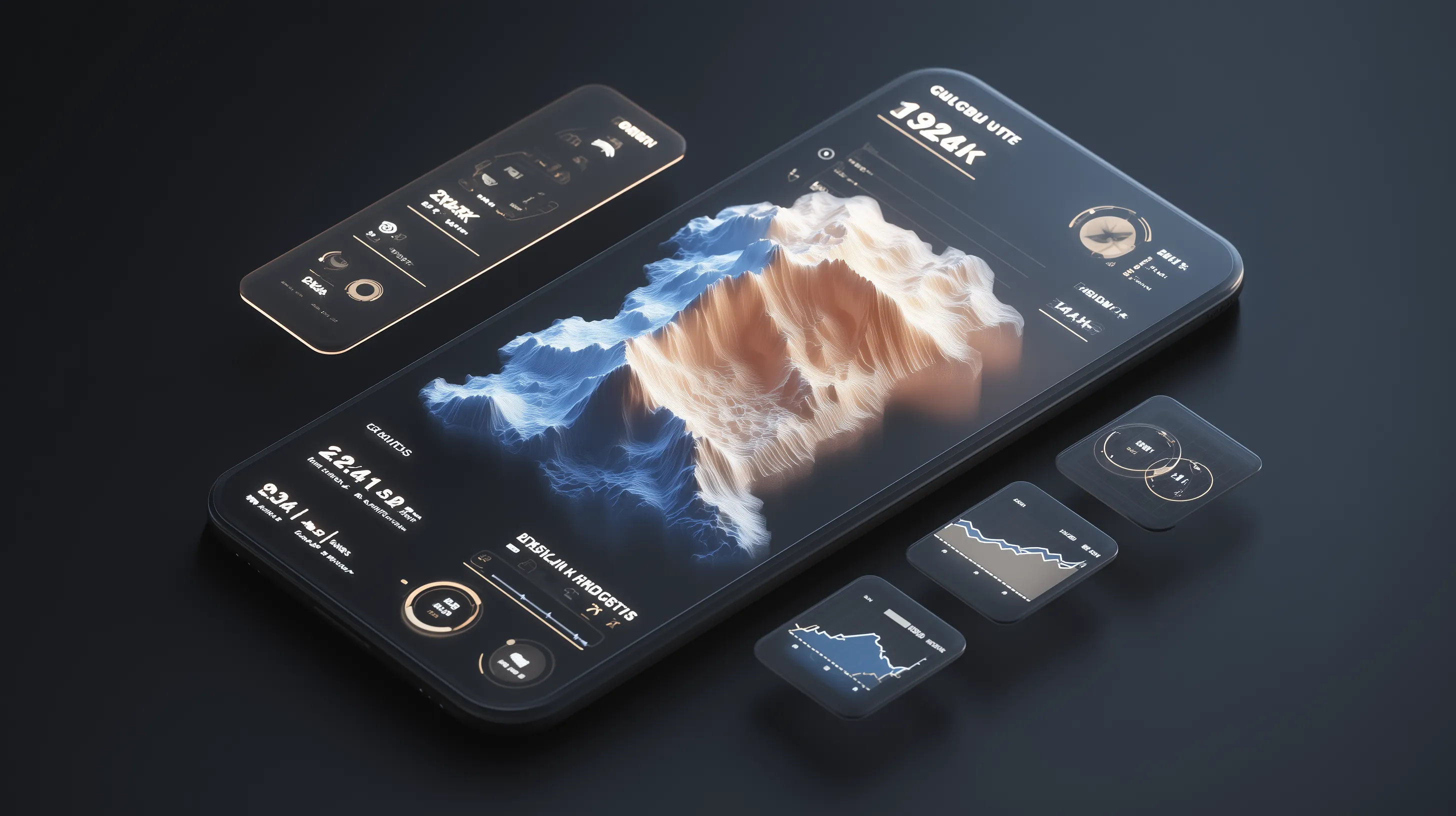Futuristic mobile dashboard with 3D data viz