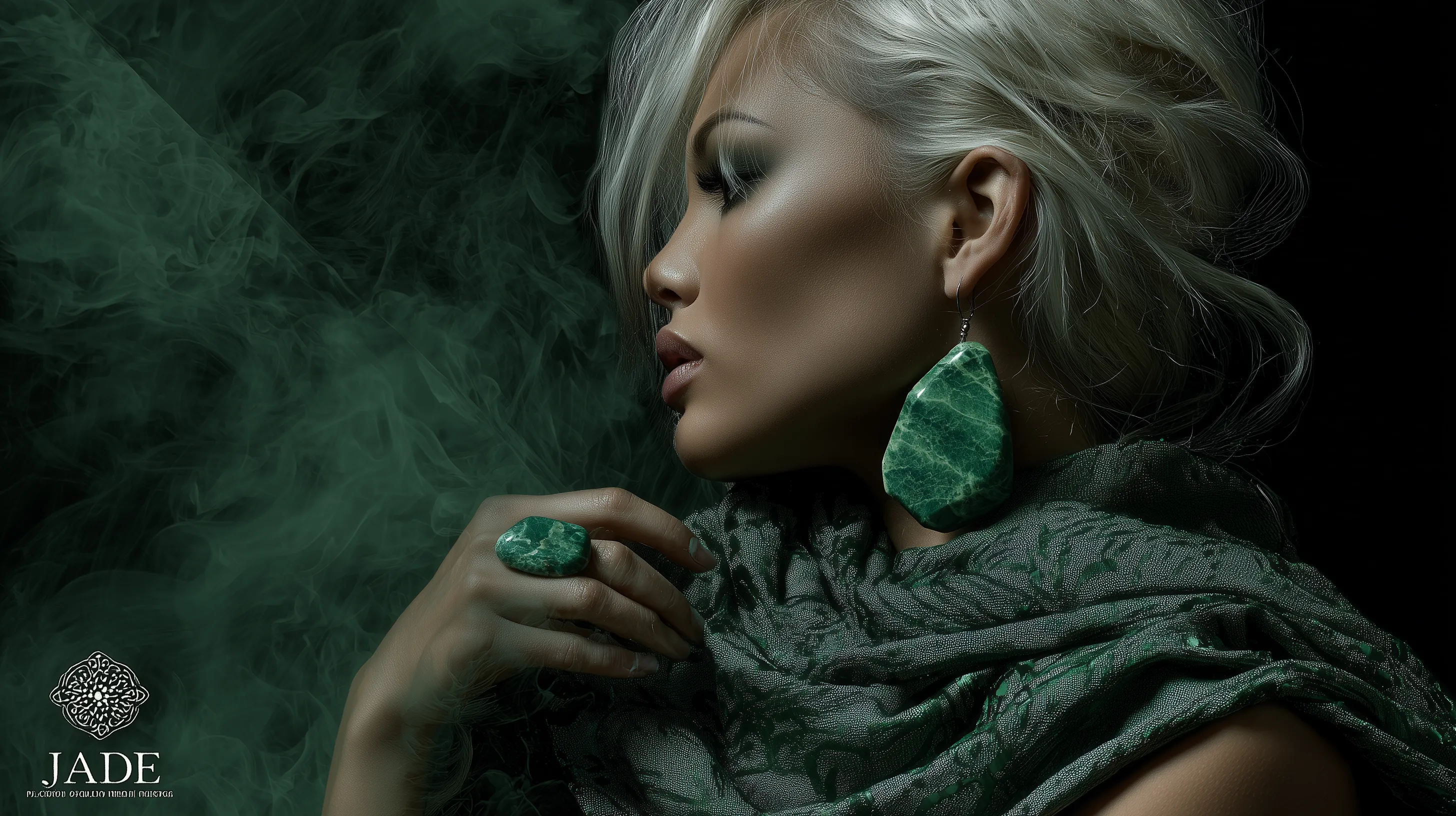 Elegant woman with jade jewelry in dark smoke