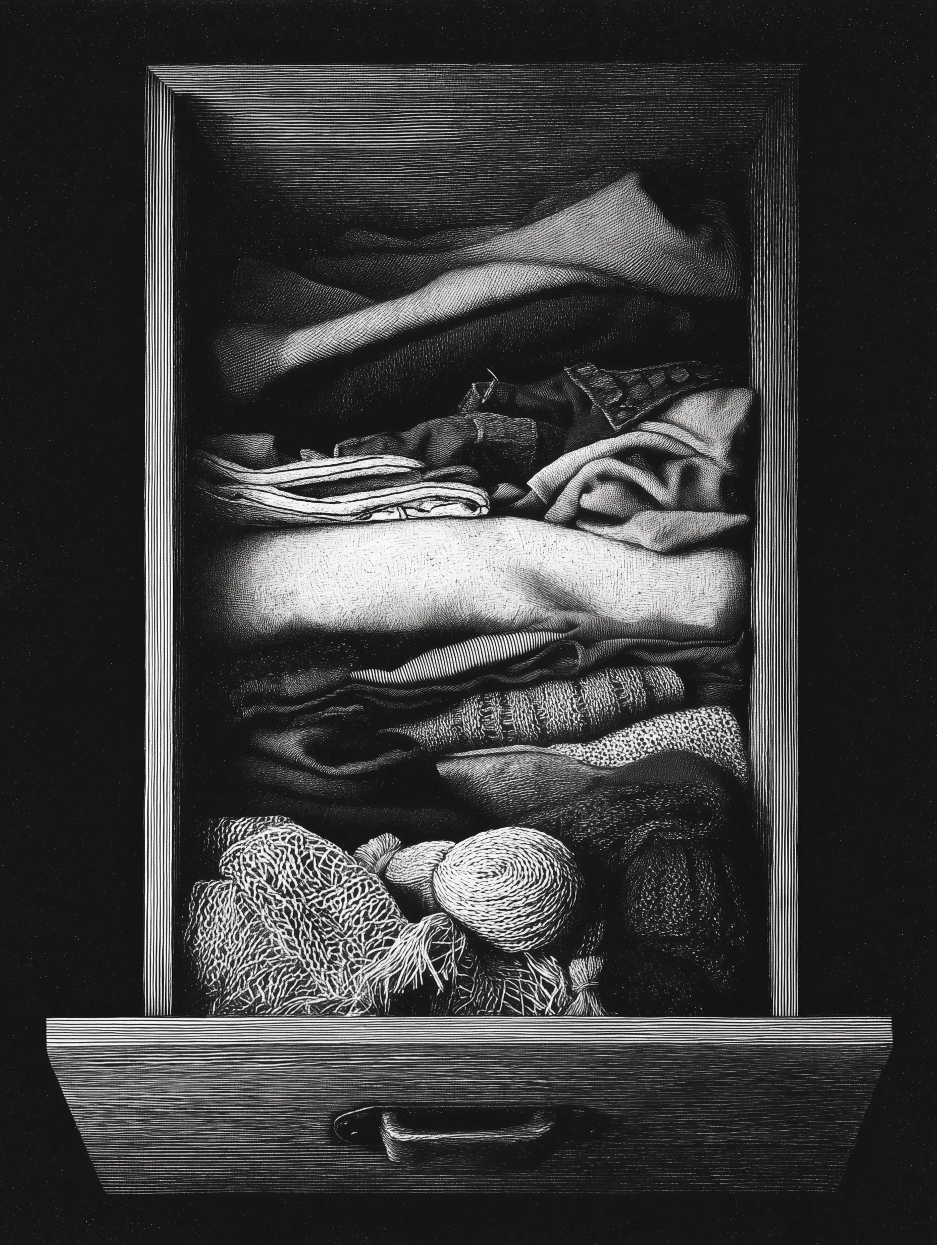 Monochrome Engraving of a Clothing Drawer