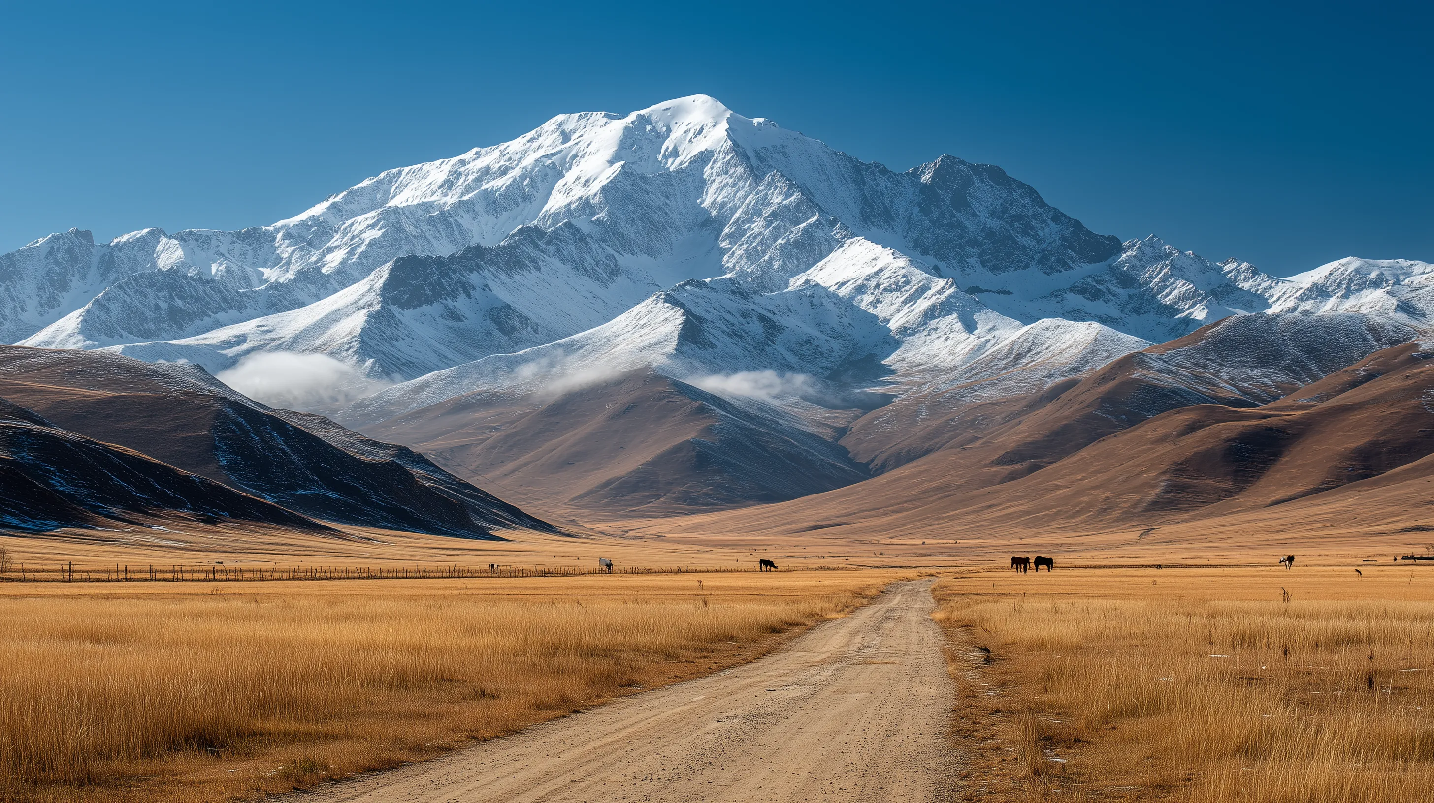 Snow-Capped Mountain Peak over Golden Valley Road