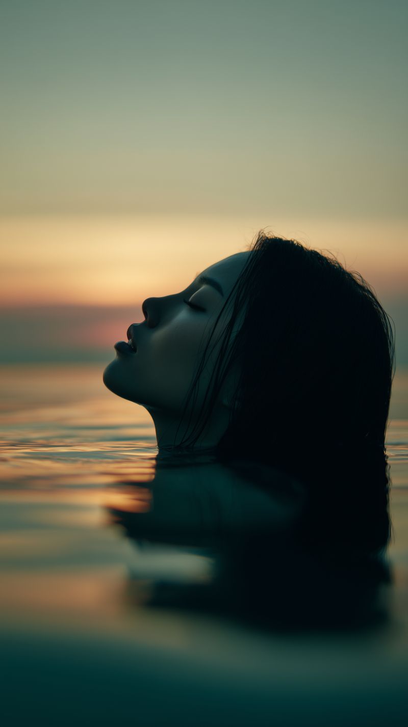 Silhouetted Woman Floating at Sunset