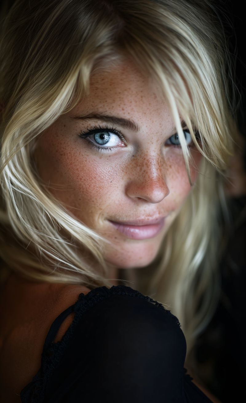 Close-up portrait of freckled blonde woman