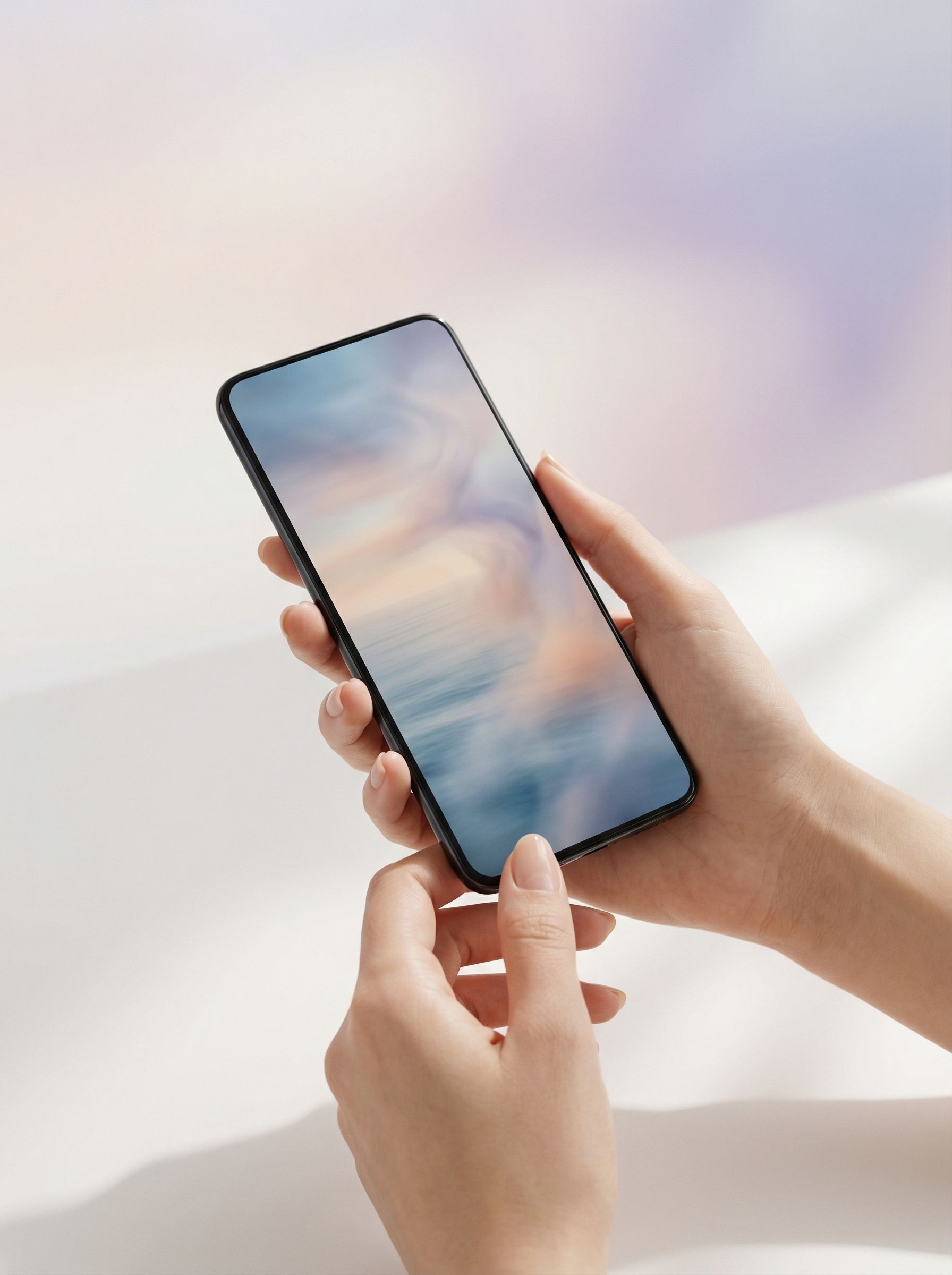 Hands holding modern smartphone with soft pastel screen