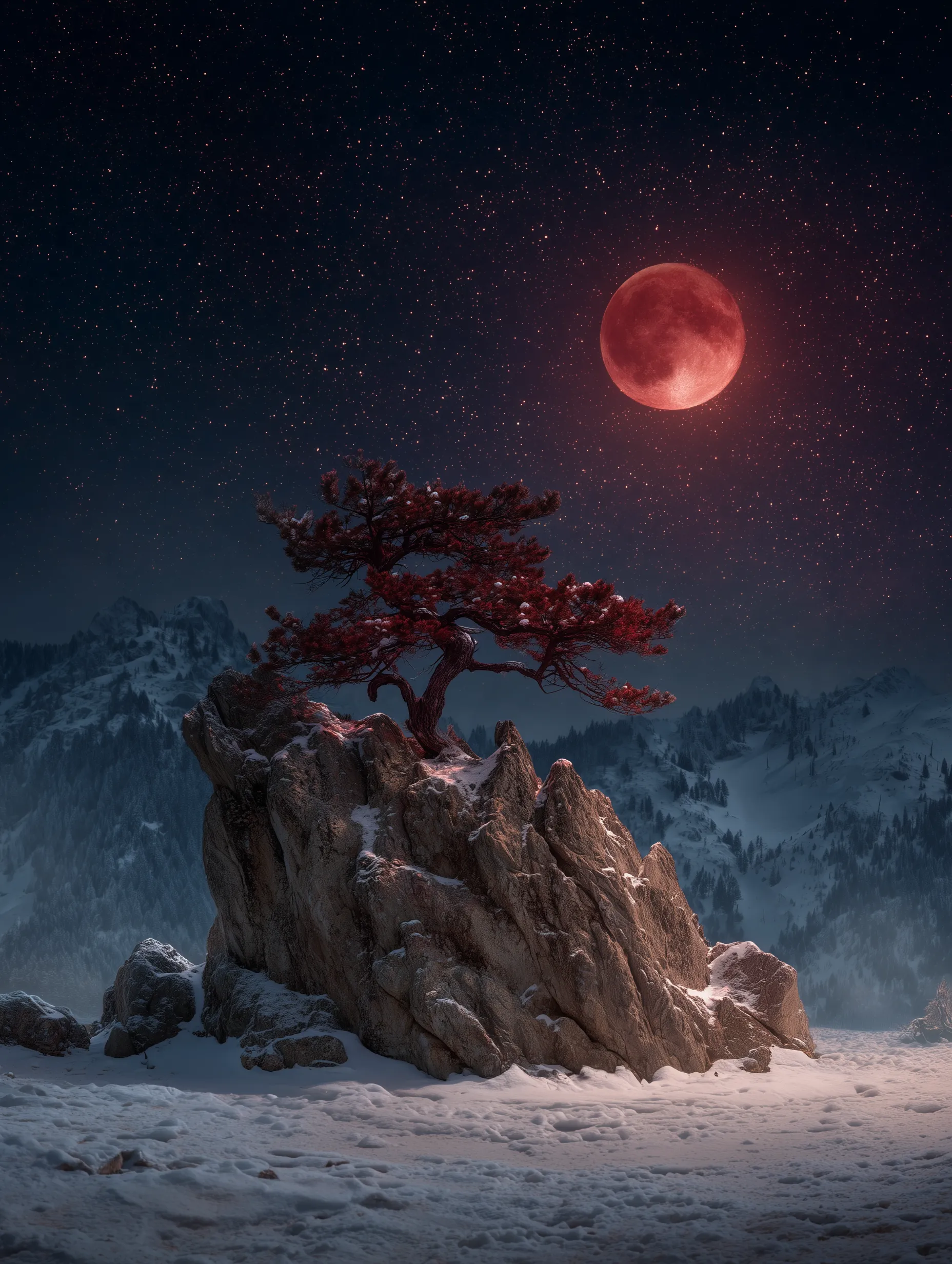 Red Moon Over Snowy Mountain Pine