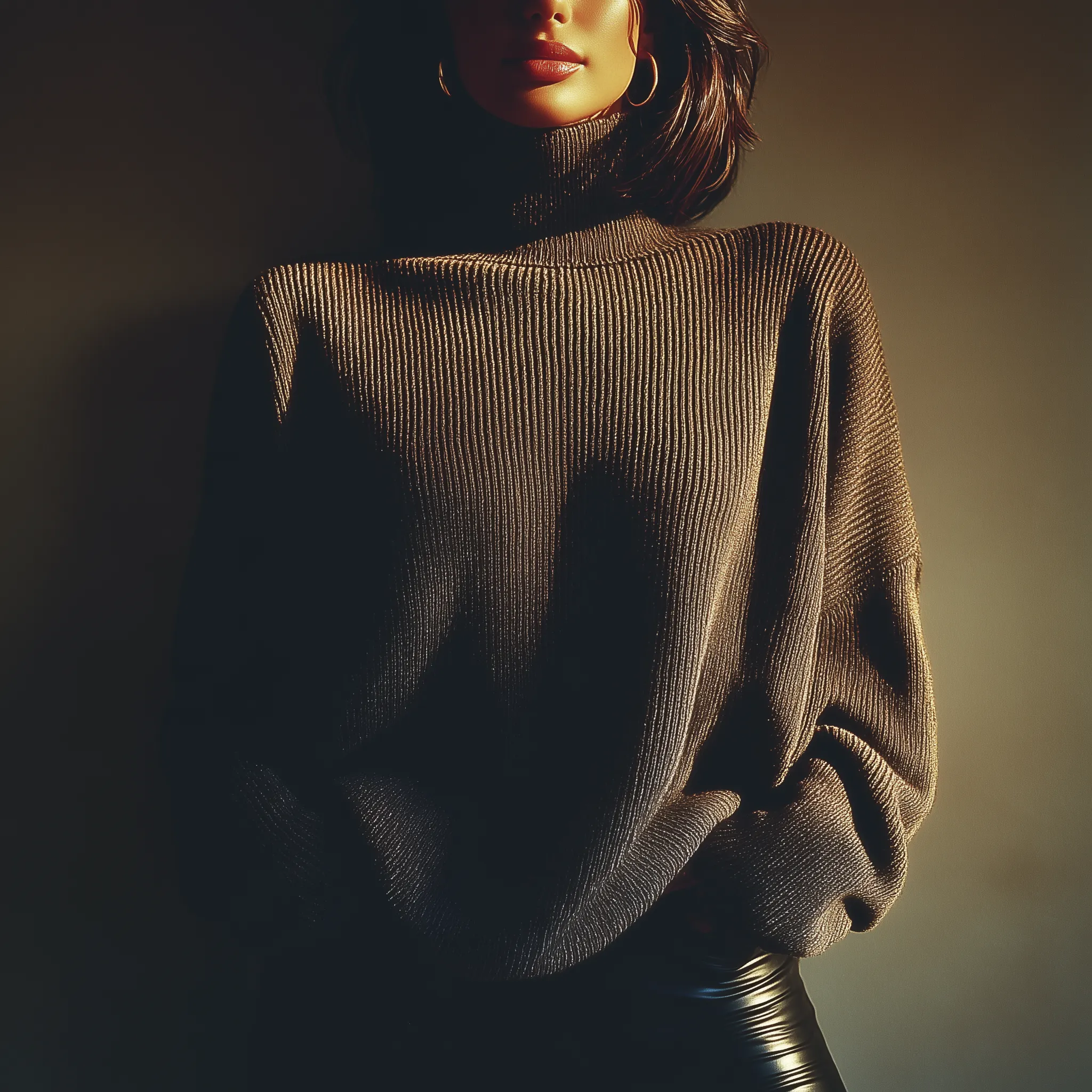 Moody Close-Up of Woman in Ribbed Turtleneck Sweater