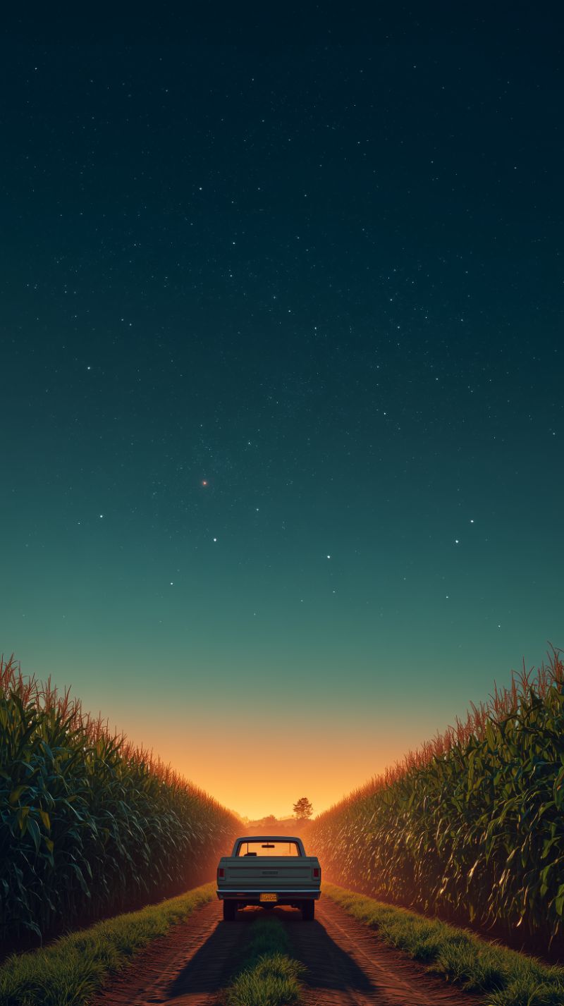 Pickup Truck at Sunset on Cornfield Road