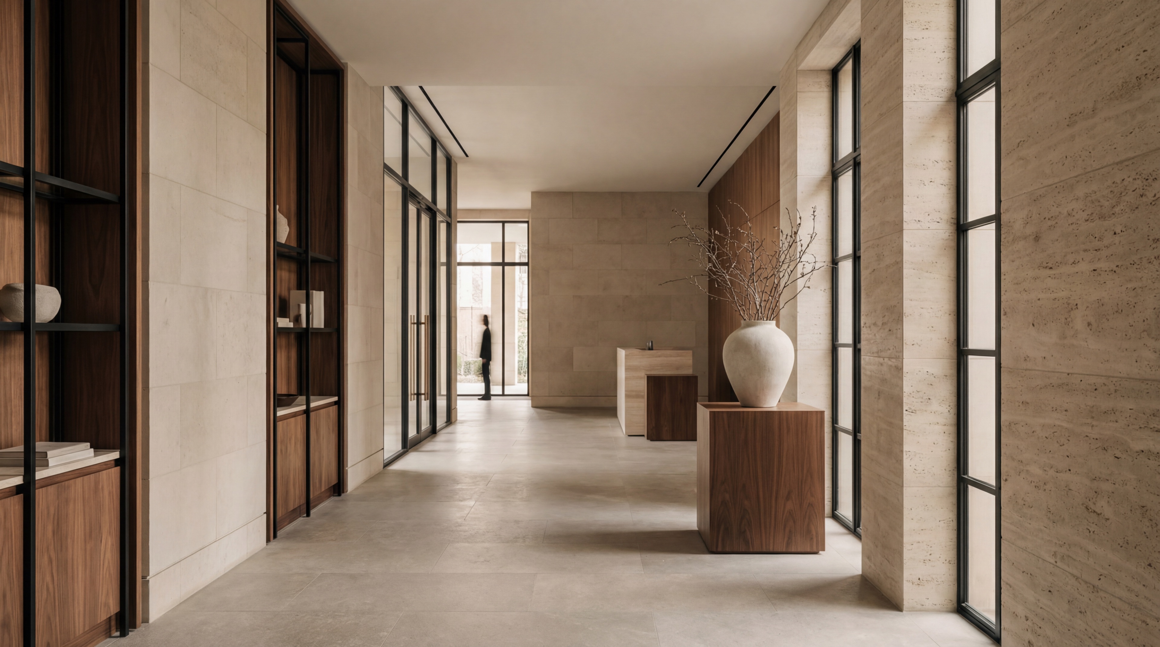 Minimalist lobby with natural stone and wood