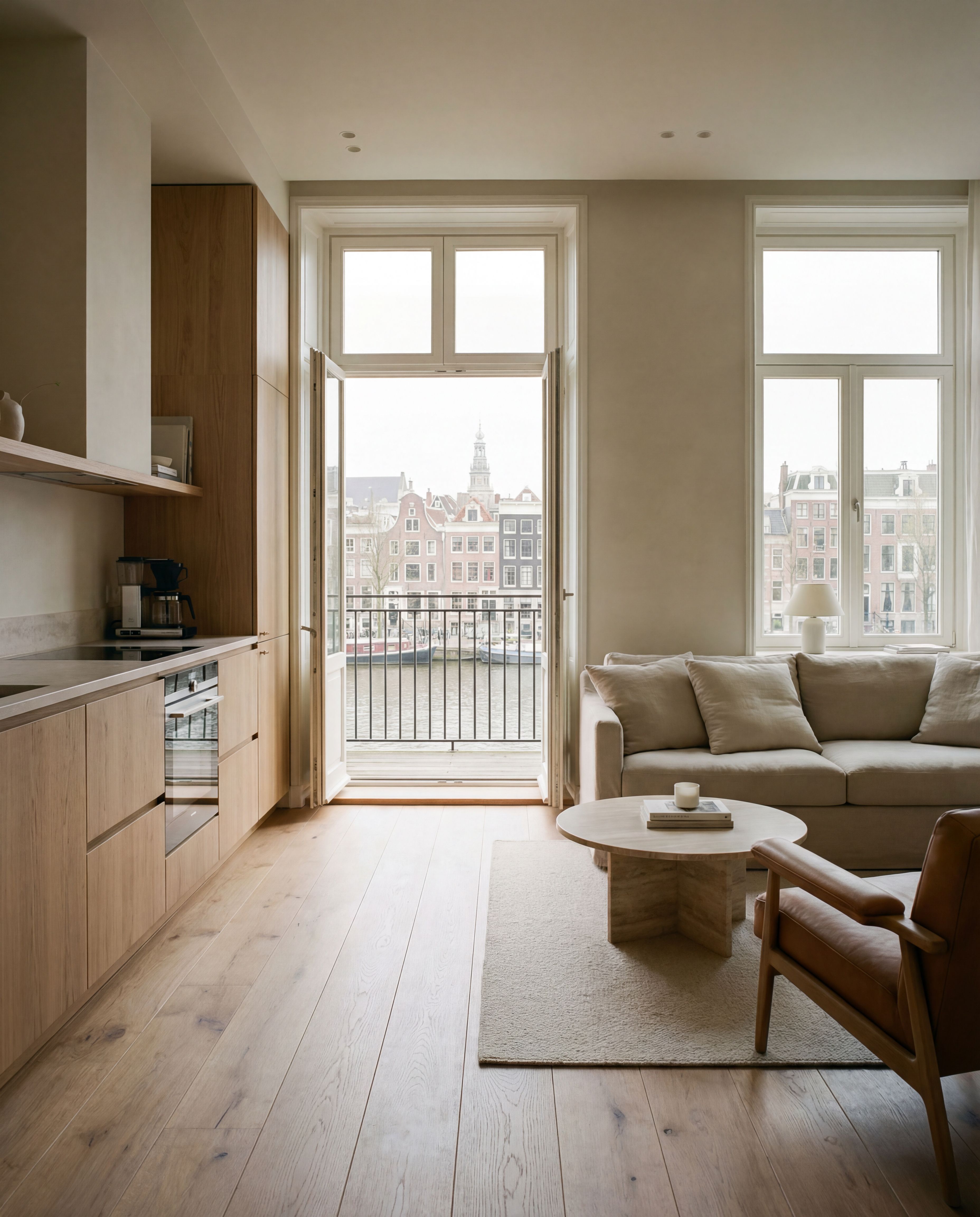 Minimalist canal-side living room interior