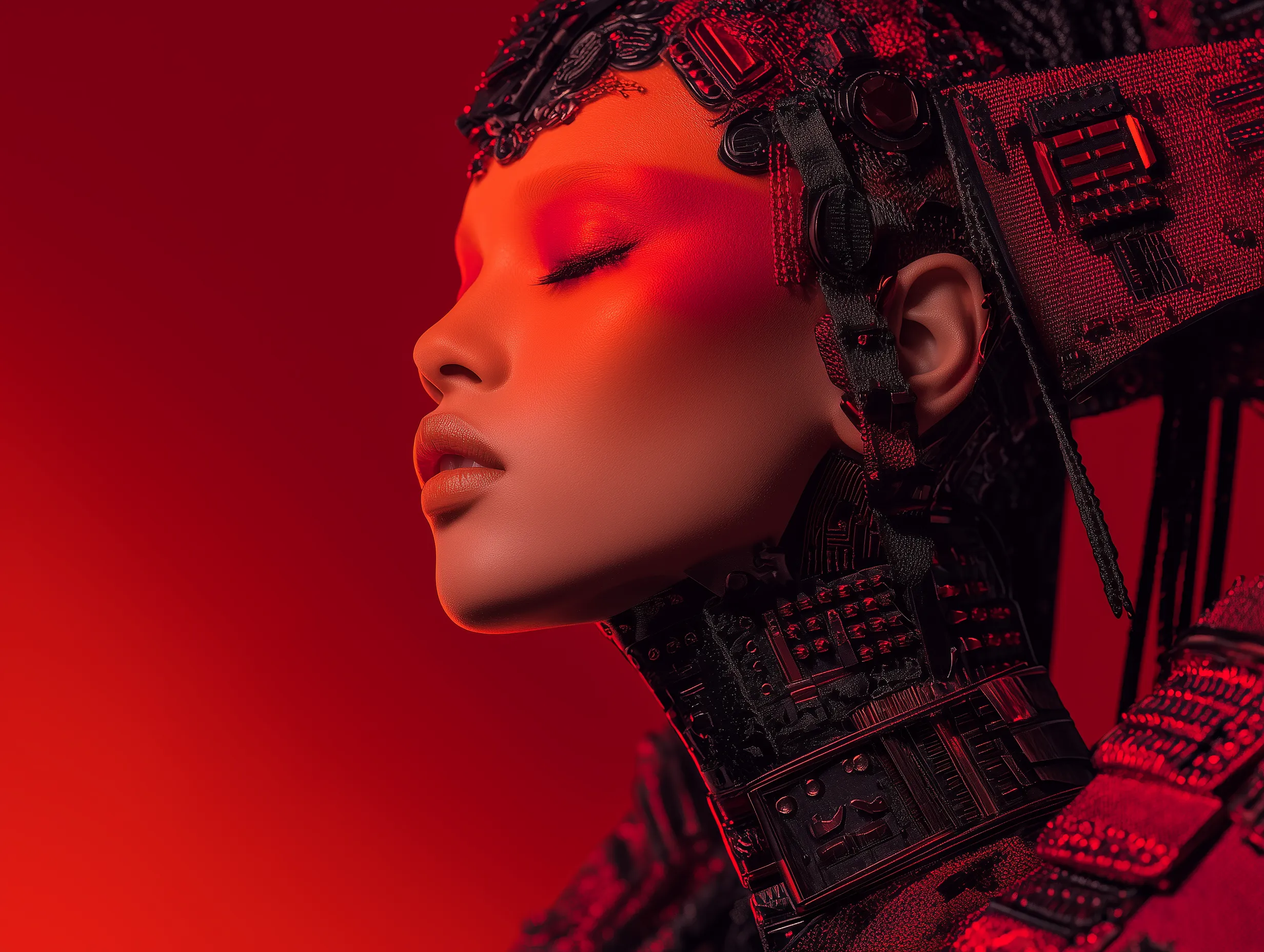 Futuristic cyborg woman in red neon light