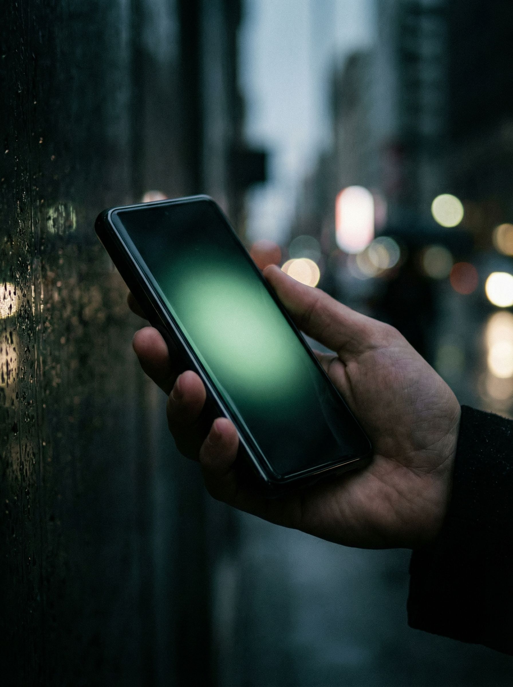 Hand holding smartphone on rainy city street