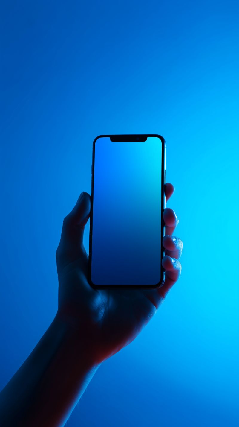 Hand Holding Smartphone with Blue Gradient Screen