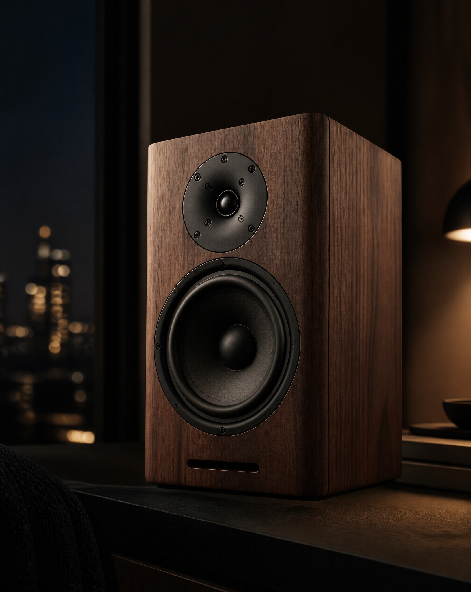 Modern Wood Grain Bookshelf Speaker in Twilight Setting