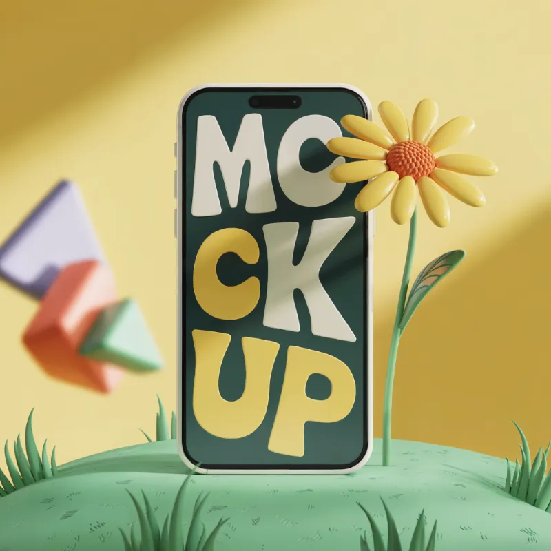3D Phone Mockup on Pastel Grass with Daisy