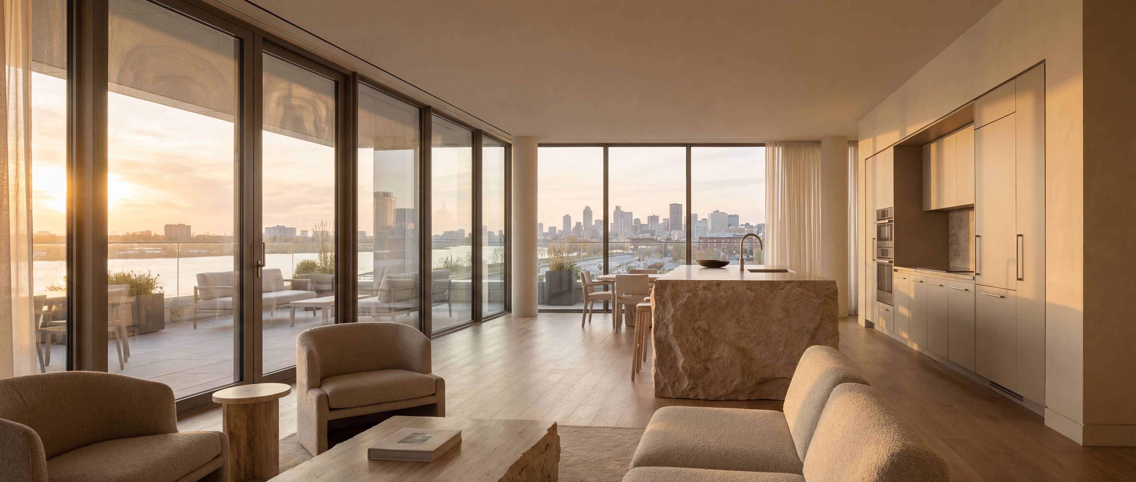 Modern waterfront living room and kitchen at sunset