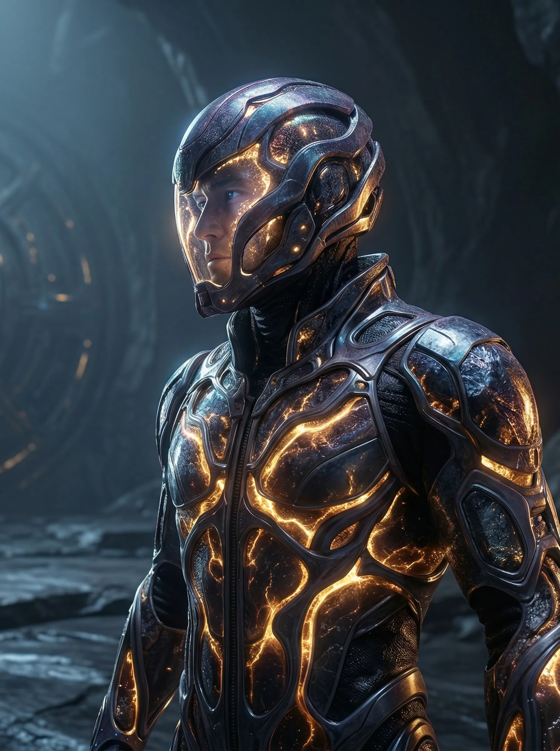 Futuristic Warrior in Glowing Exosuit