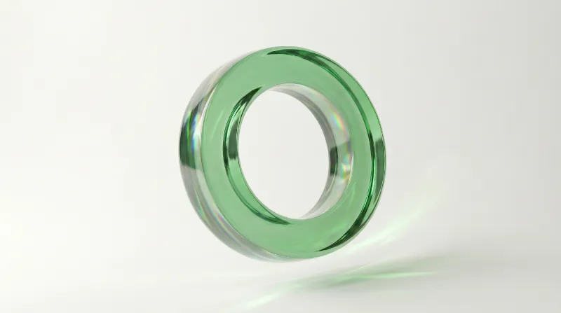 Floating green glass ring on white background
