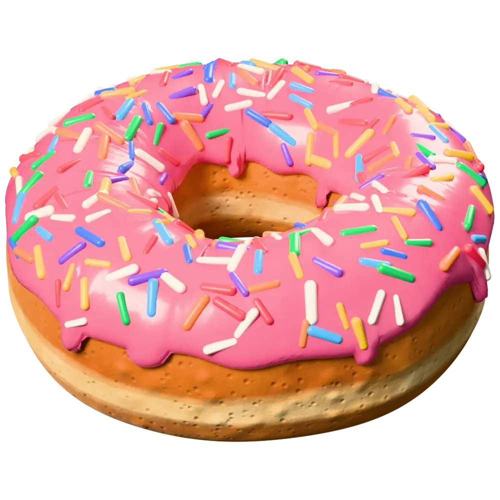 Golden donut with strawberry pink glaze and rainbow sprinkles