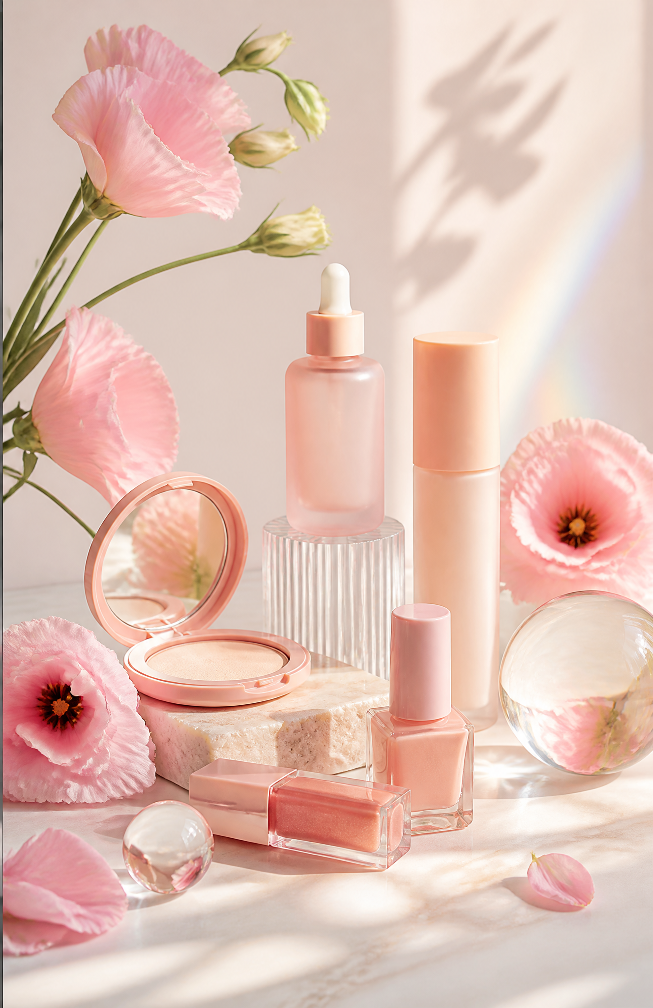 Pastel cosmetics with pink flowers
