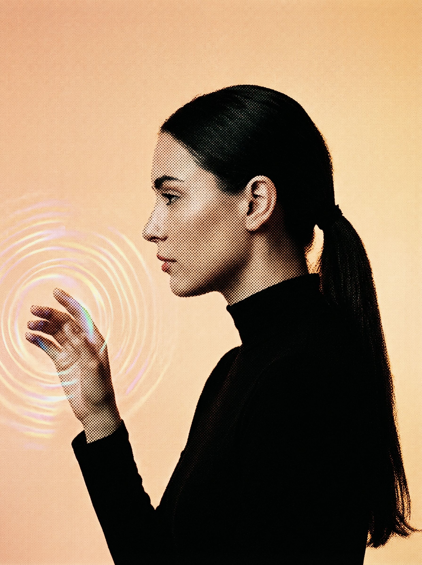 Profile woman with futuristic touch interface