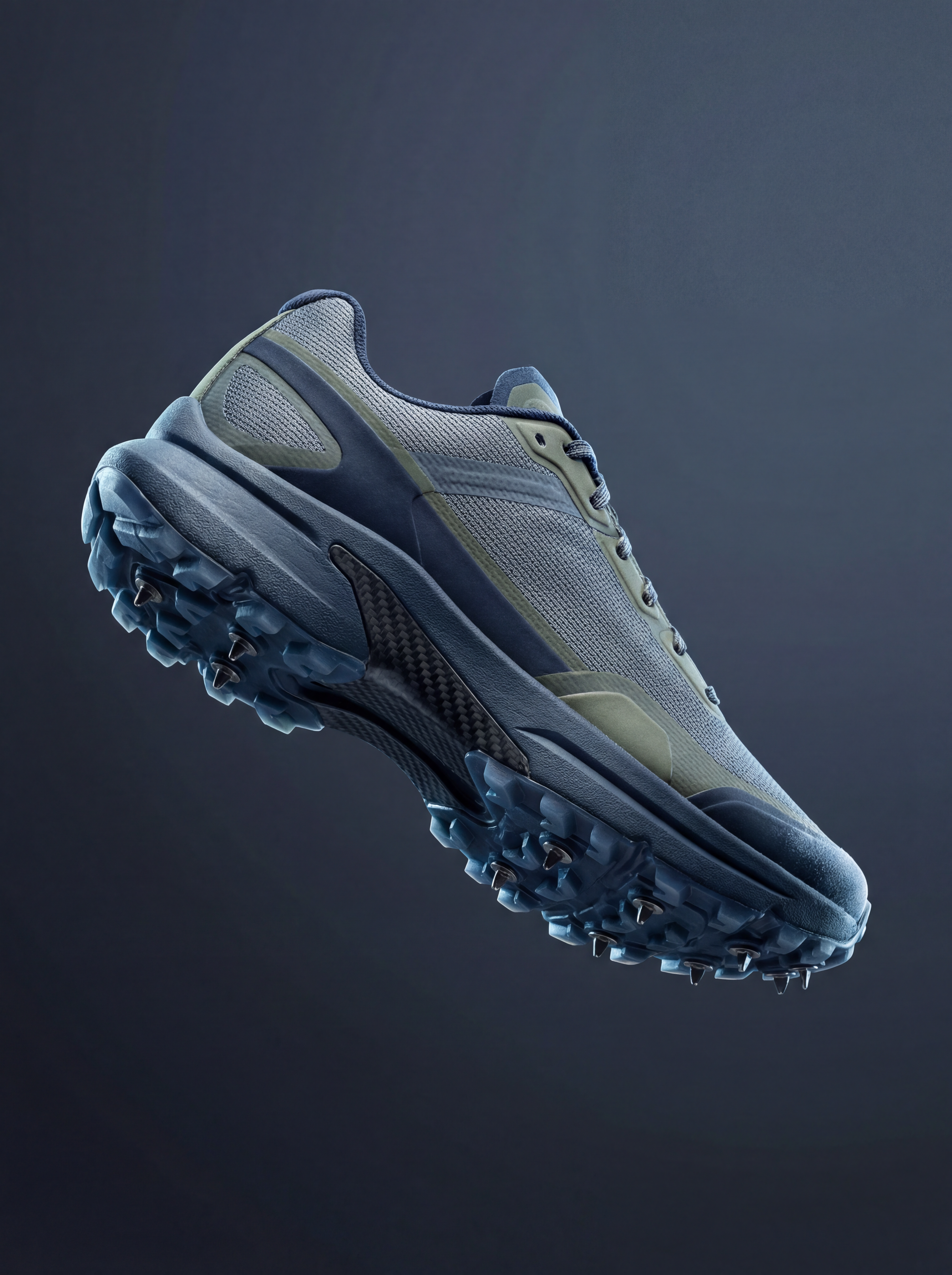 Floating blue trail running shoe product shot