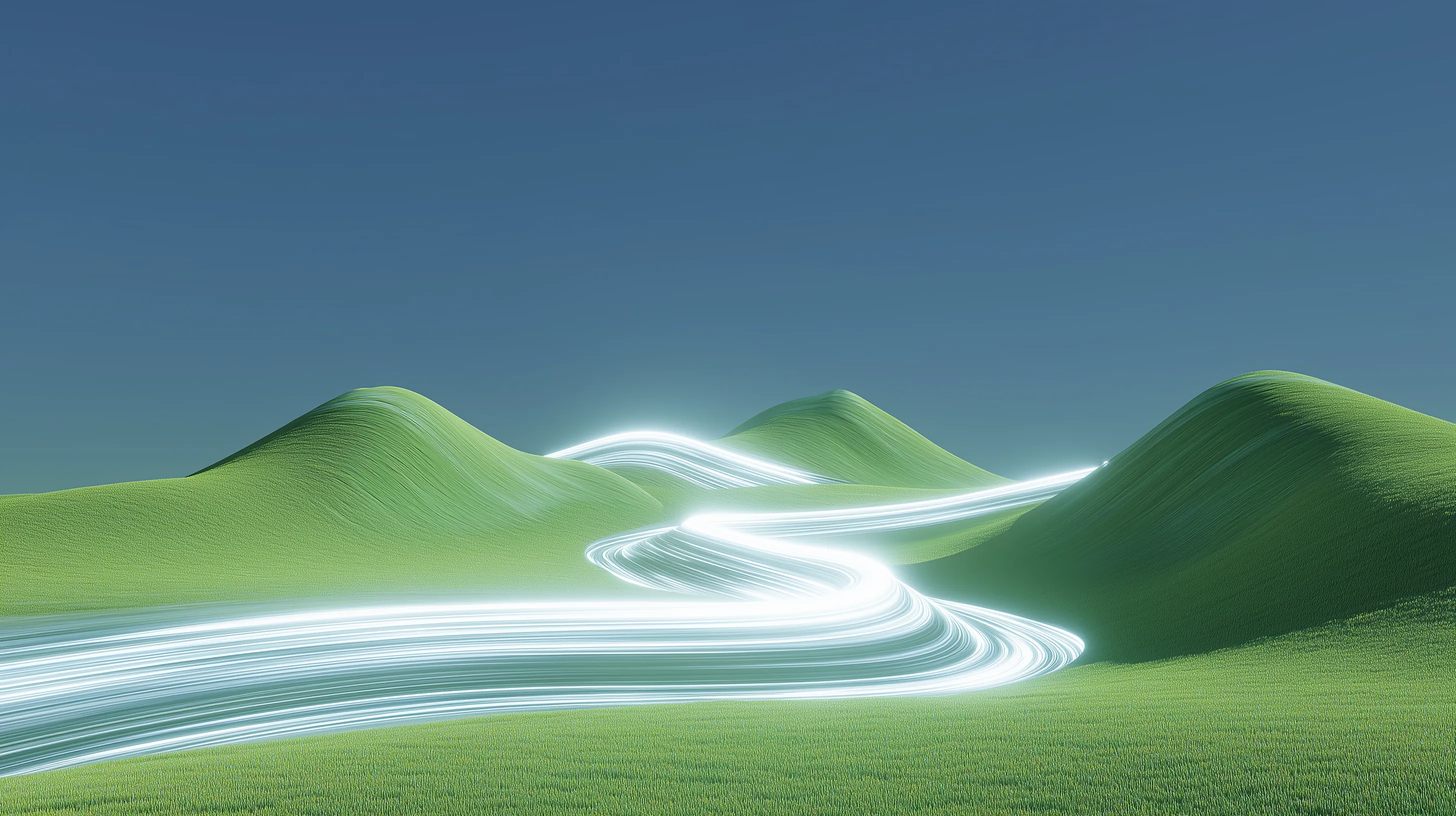 Futuristic light trail through green hills