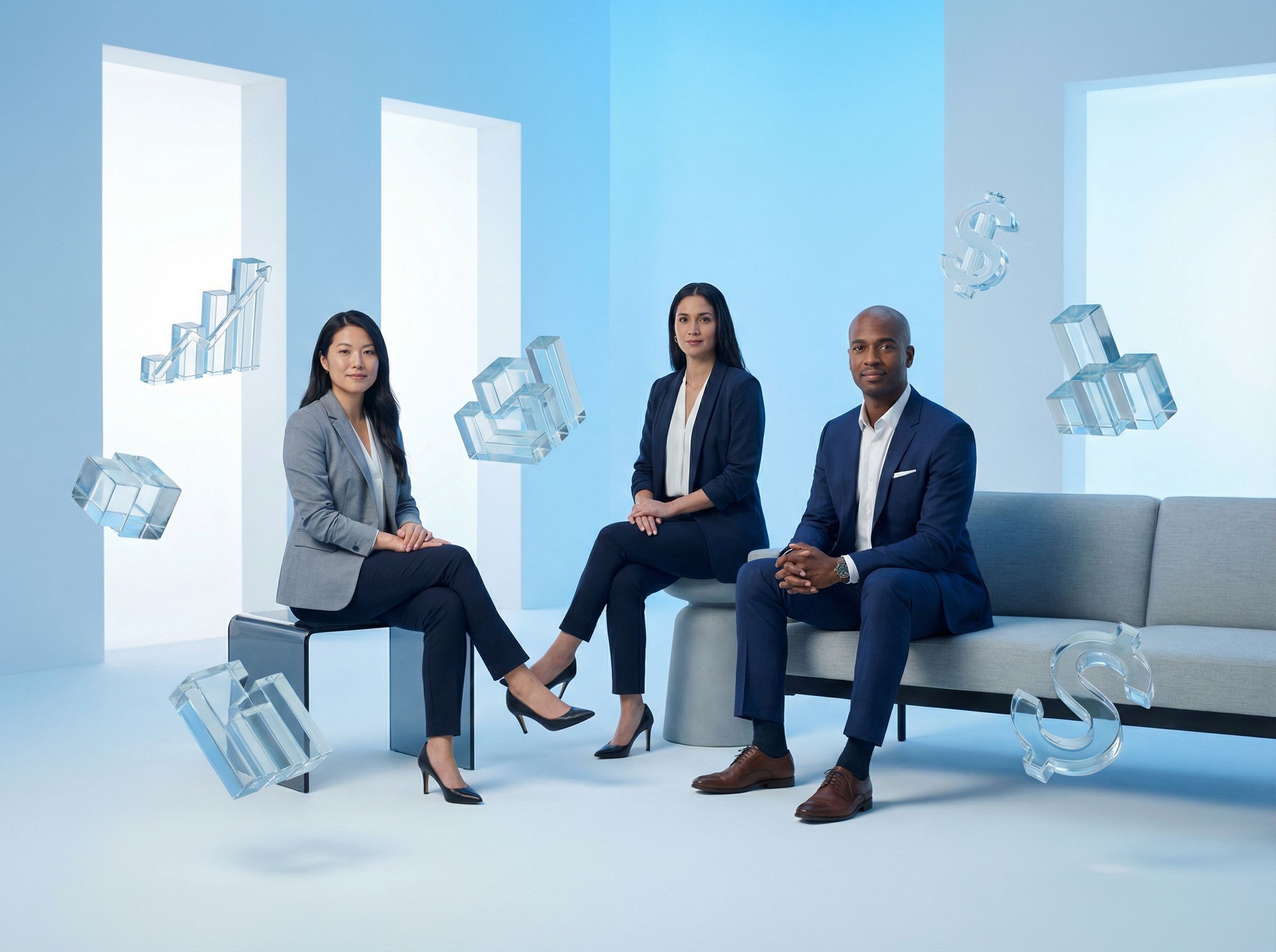 Business team with floating financial icons