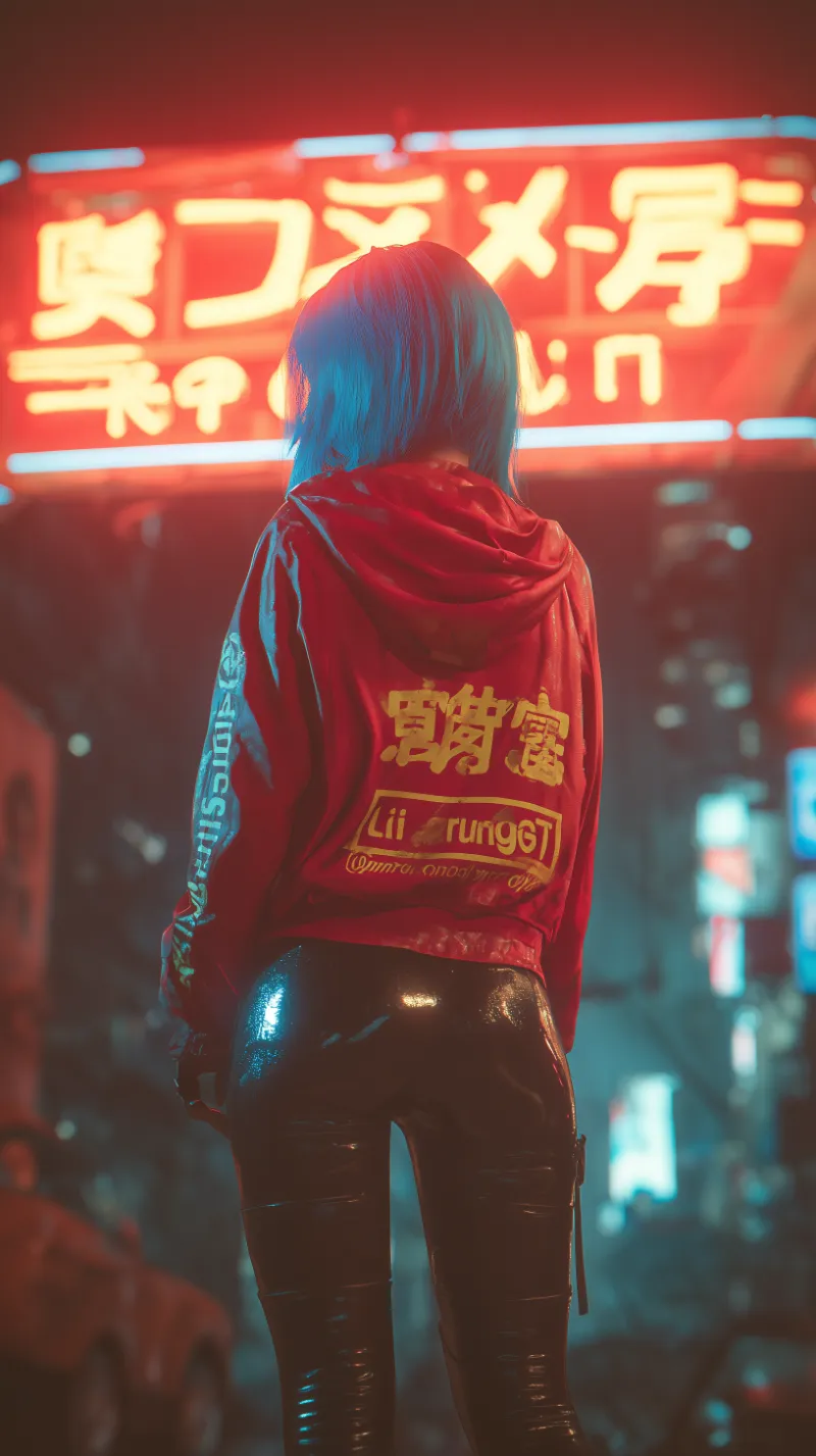 Cyberpunk figure in red jacket under neon lights