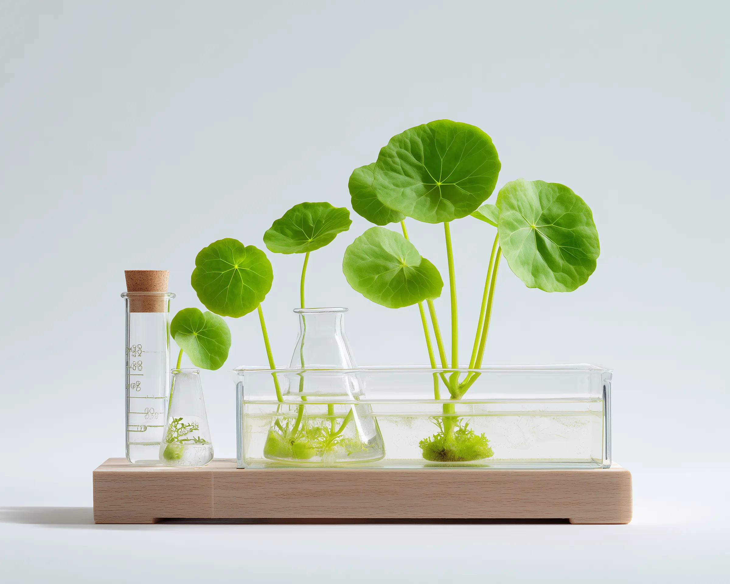 Laboratory glassware with aquatic green plants