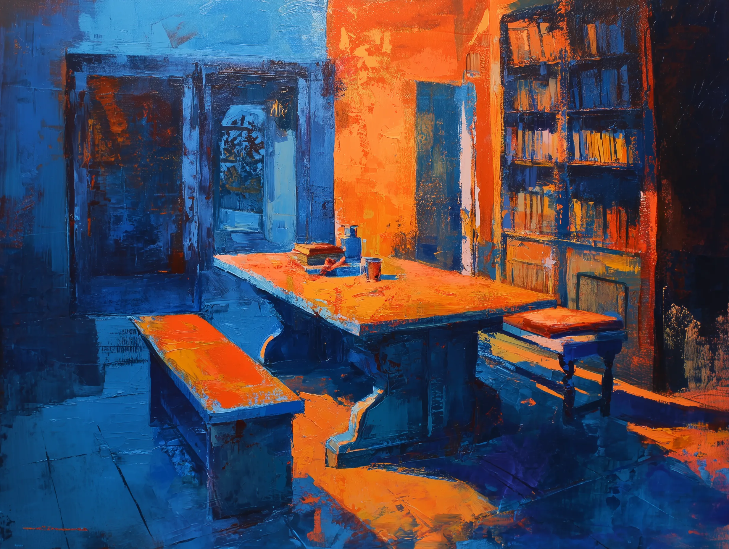 Abstract Impressionist Study Room in Blue and Orange