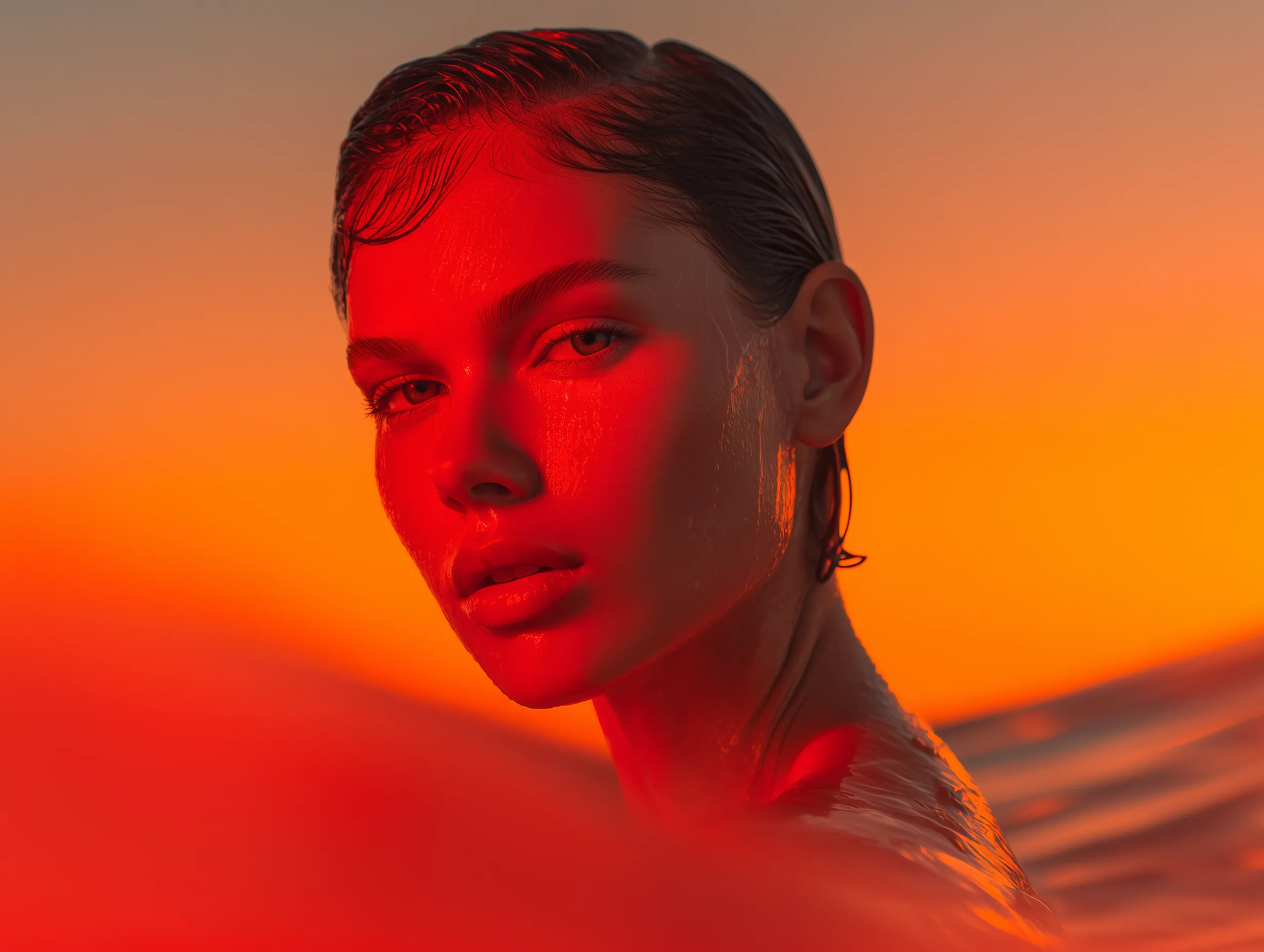 Cinematic sunset portrait in vivid red light