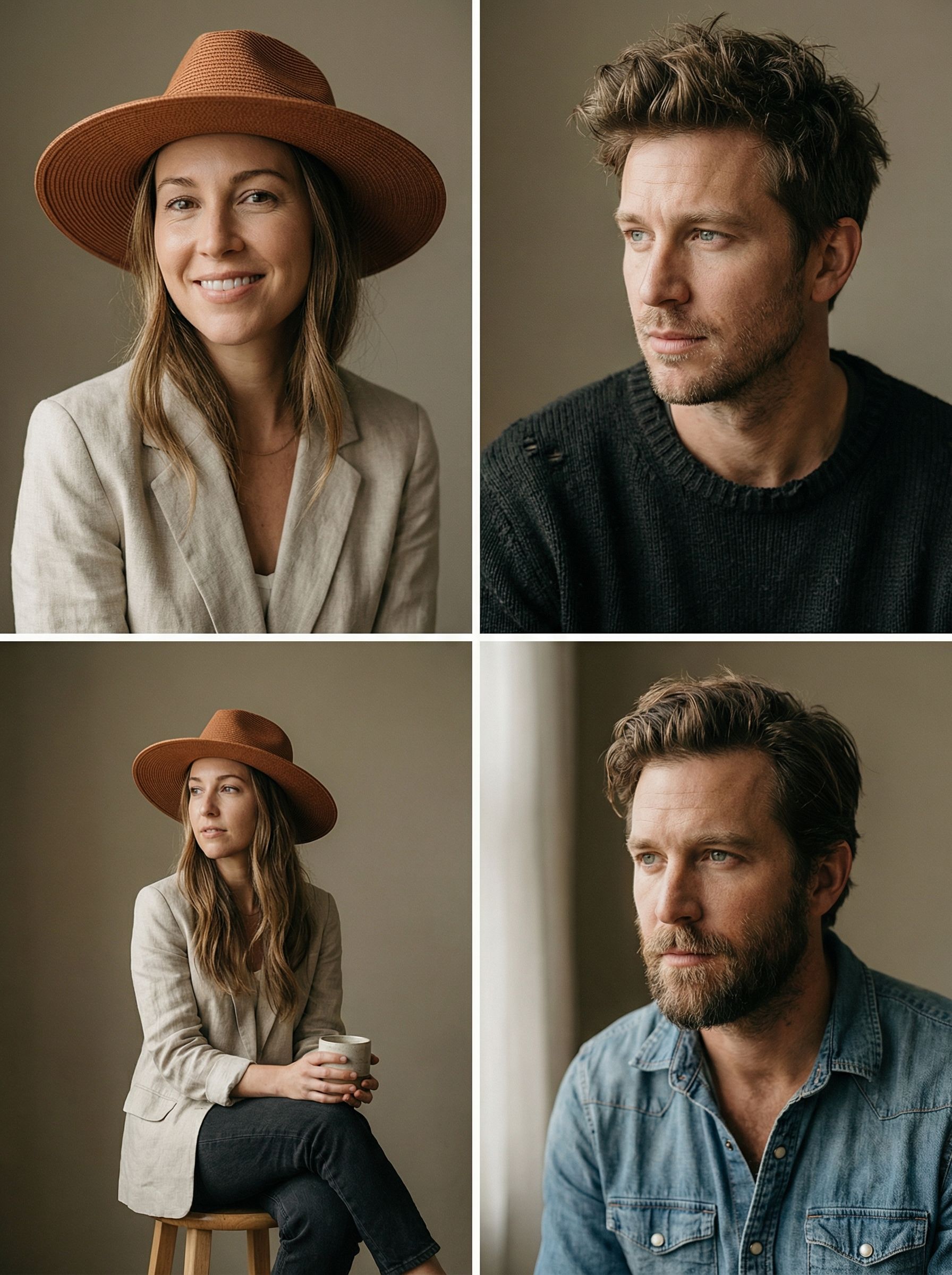 Warm natural light studio portraits collage