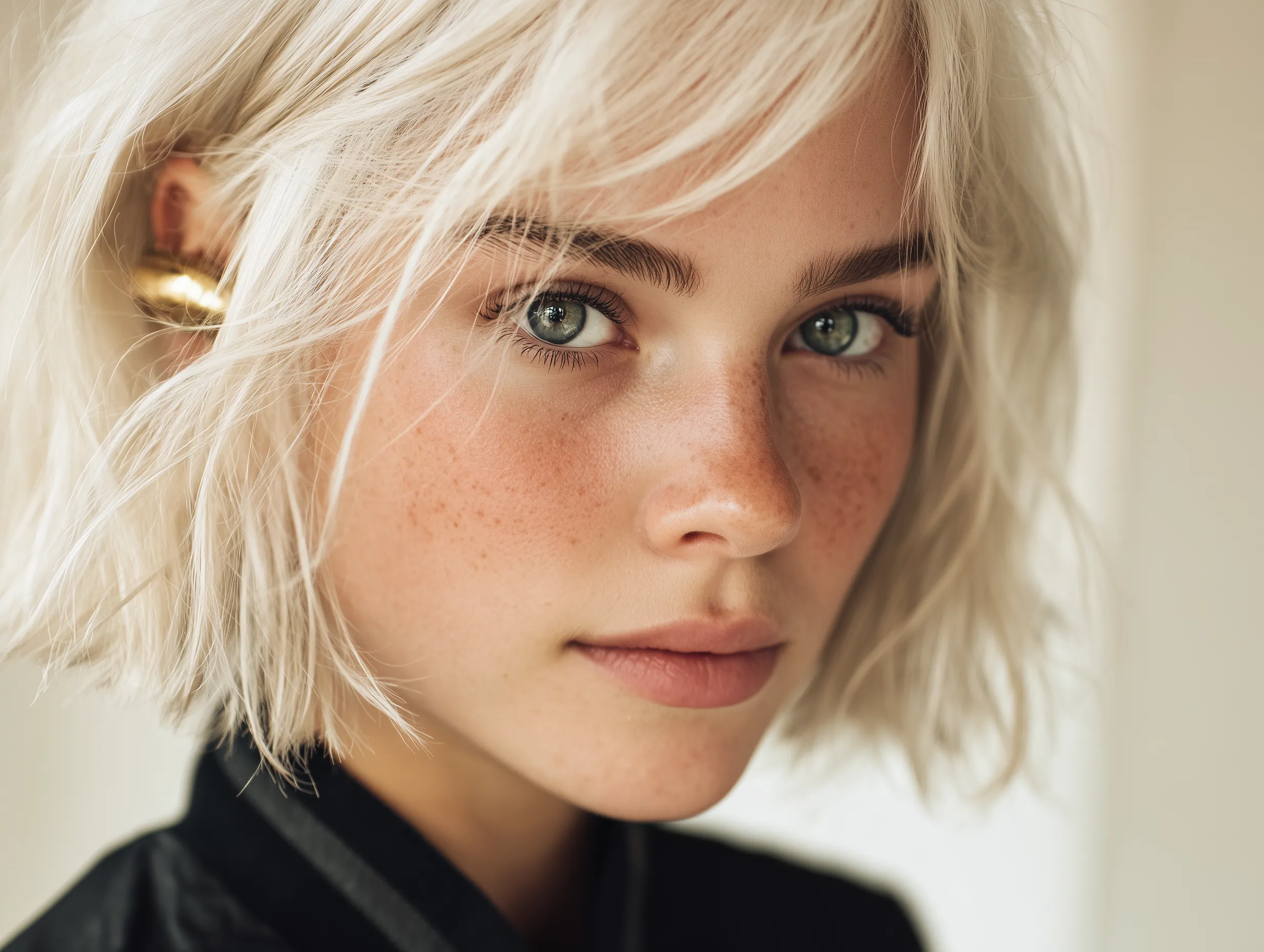 Portrait of a Woman with Platinum Blonde Bob and Freckles