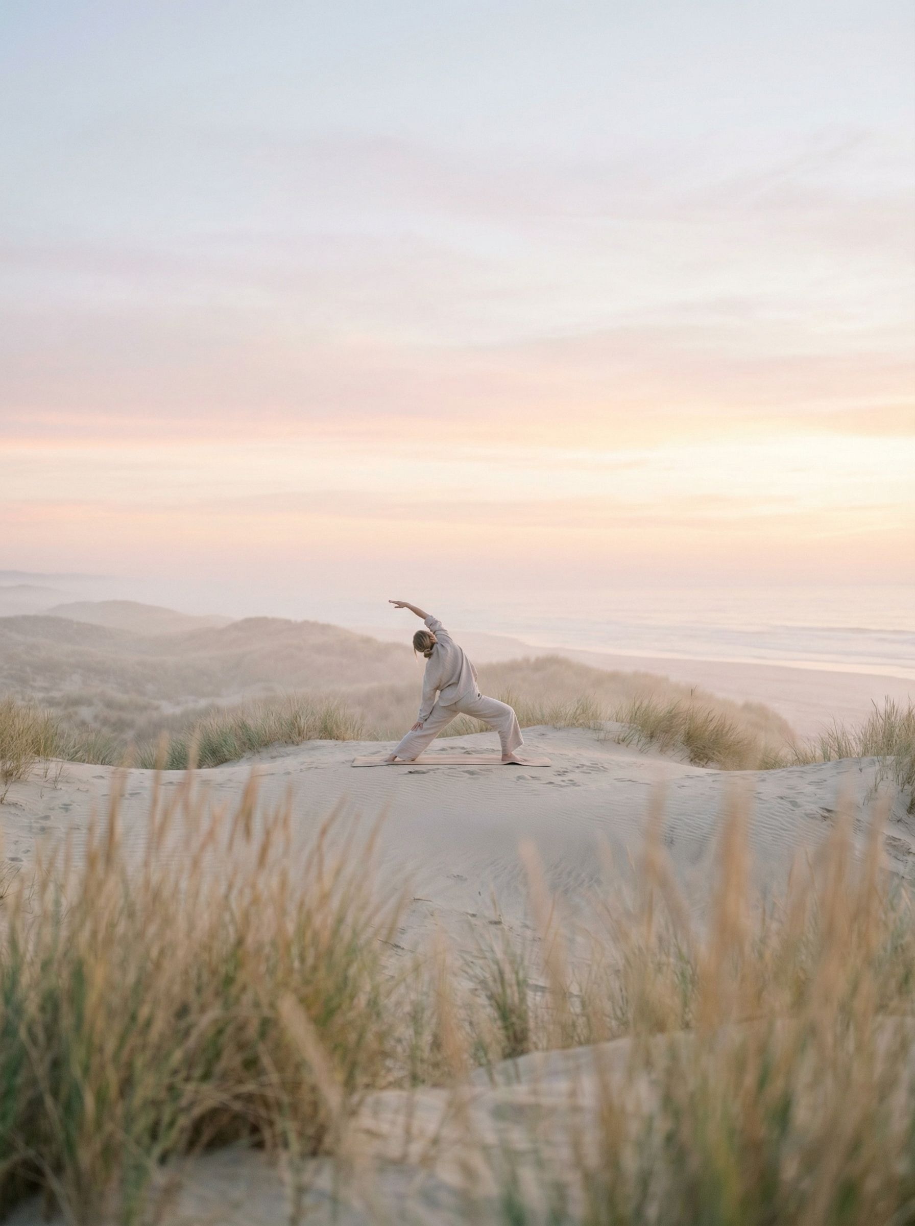 Yoga on coastal sand dunes at sunrise