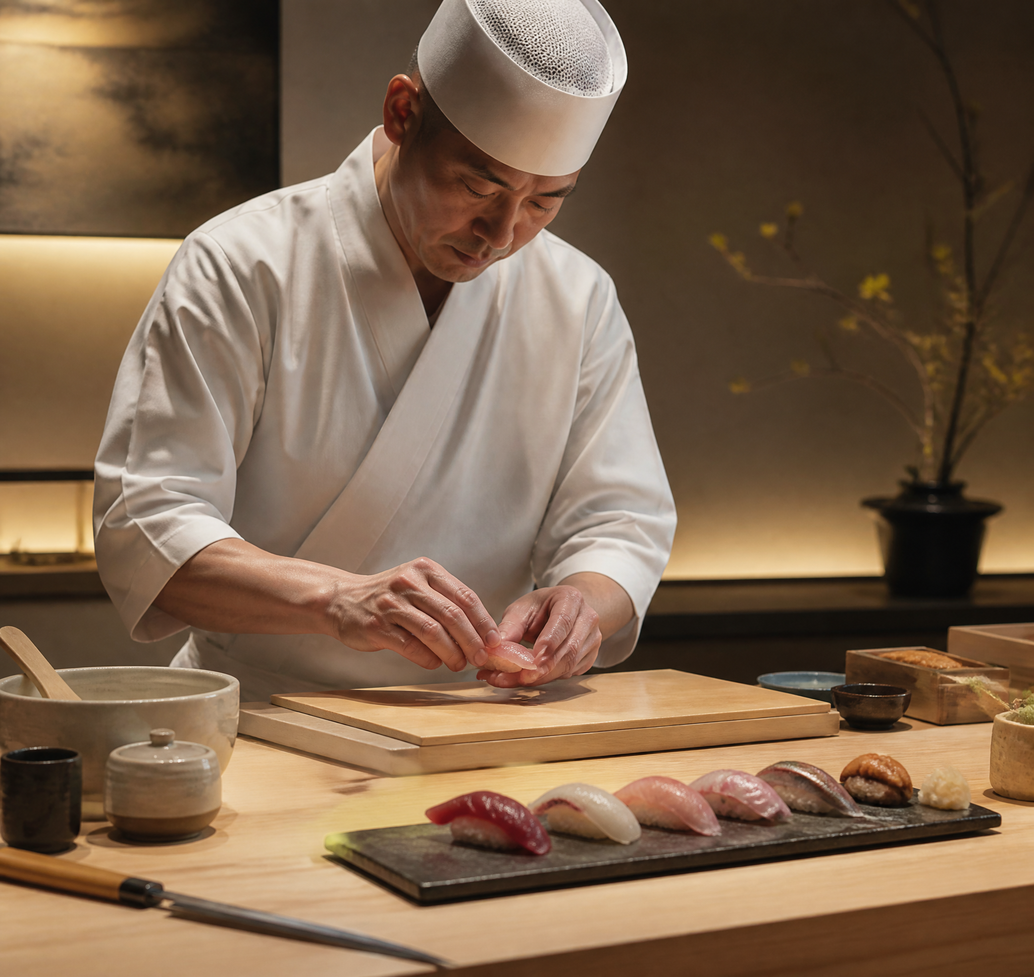 Sushi Master Preparing Nigiri in Traditional Restaurant