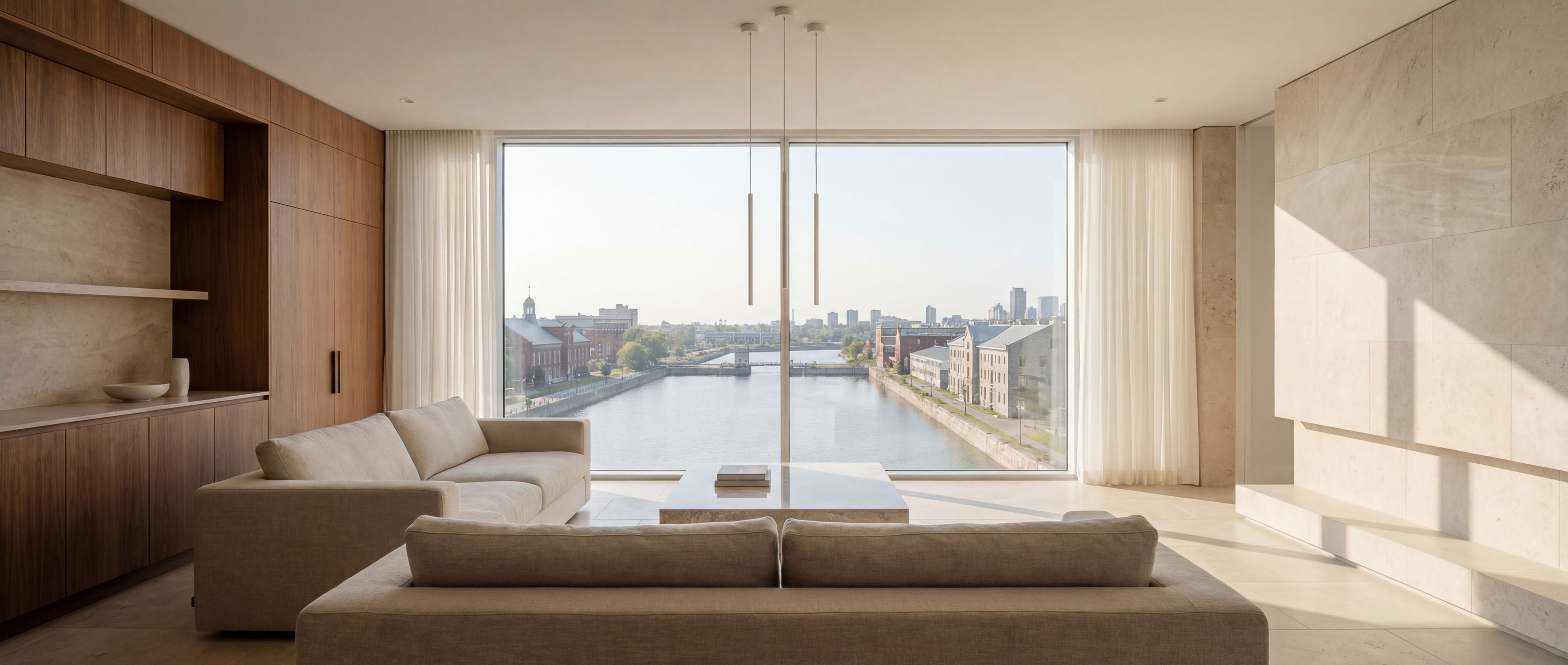 Minimalist living room with panoramic river view