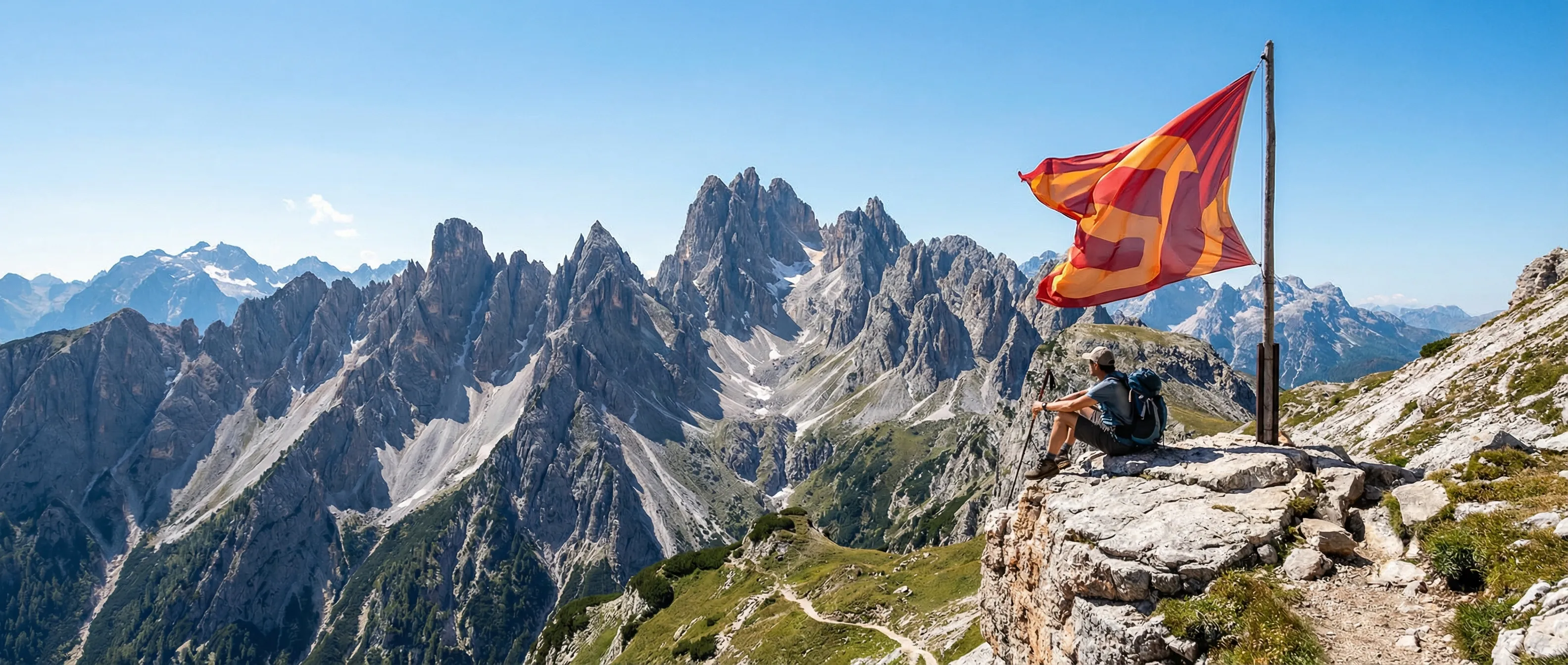 Hiker Resting by Flag Overlooking Alpine Peaks