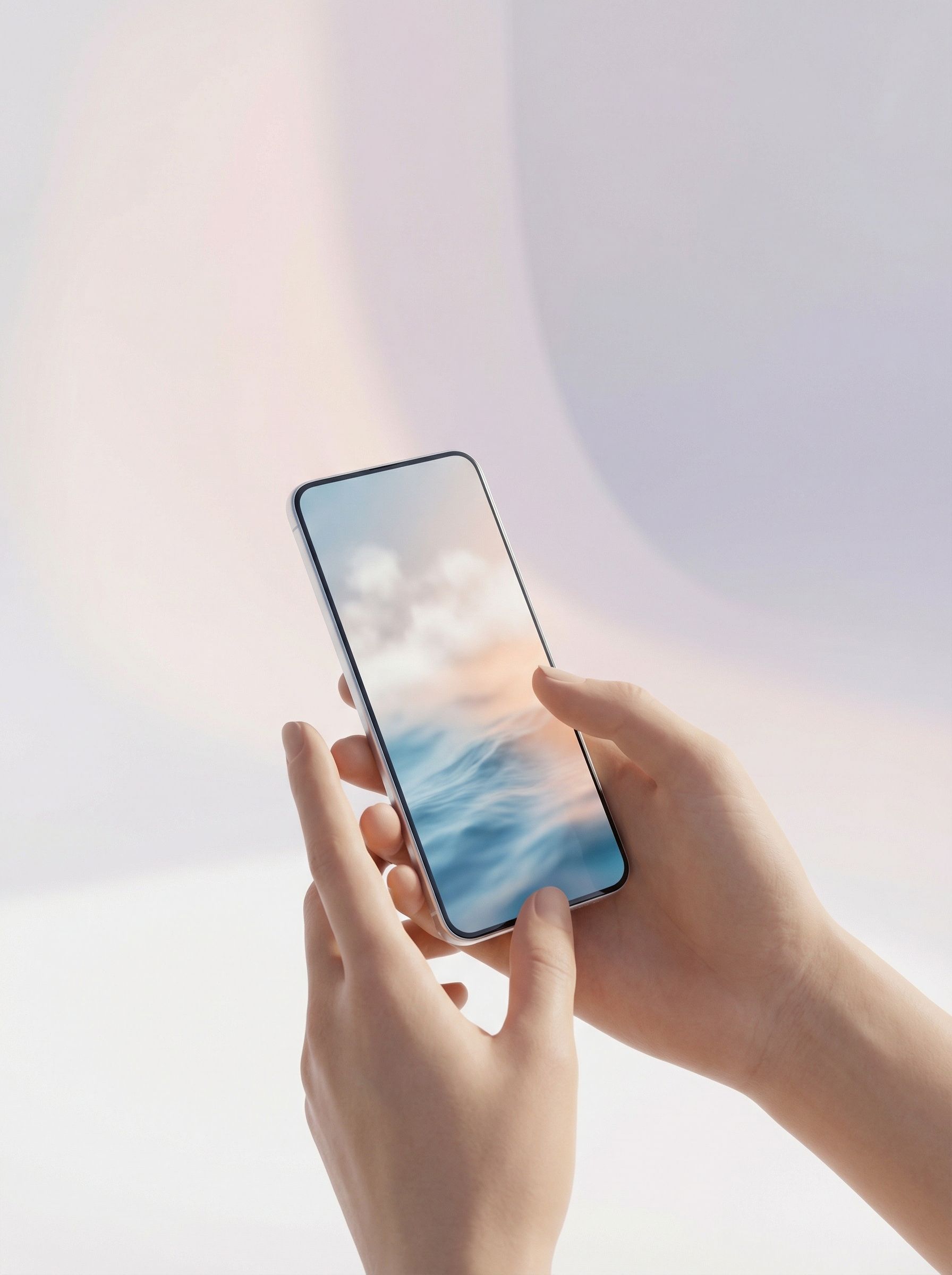 Hands holding modern smartphone on pastel background