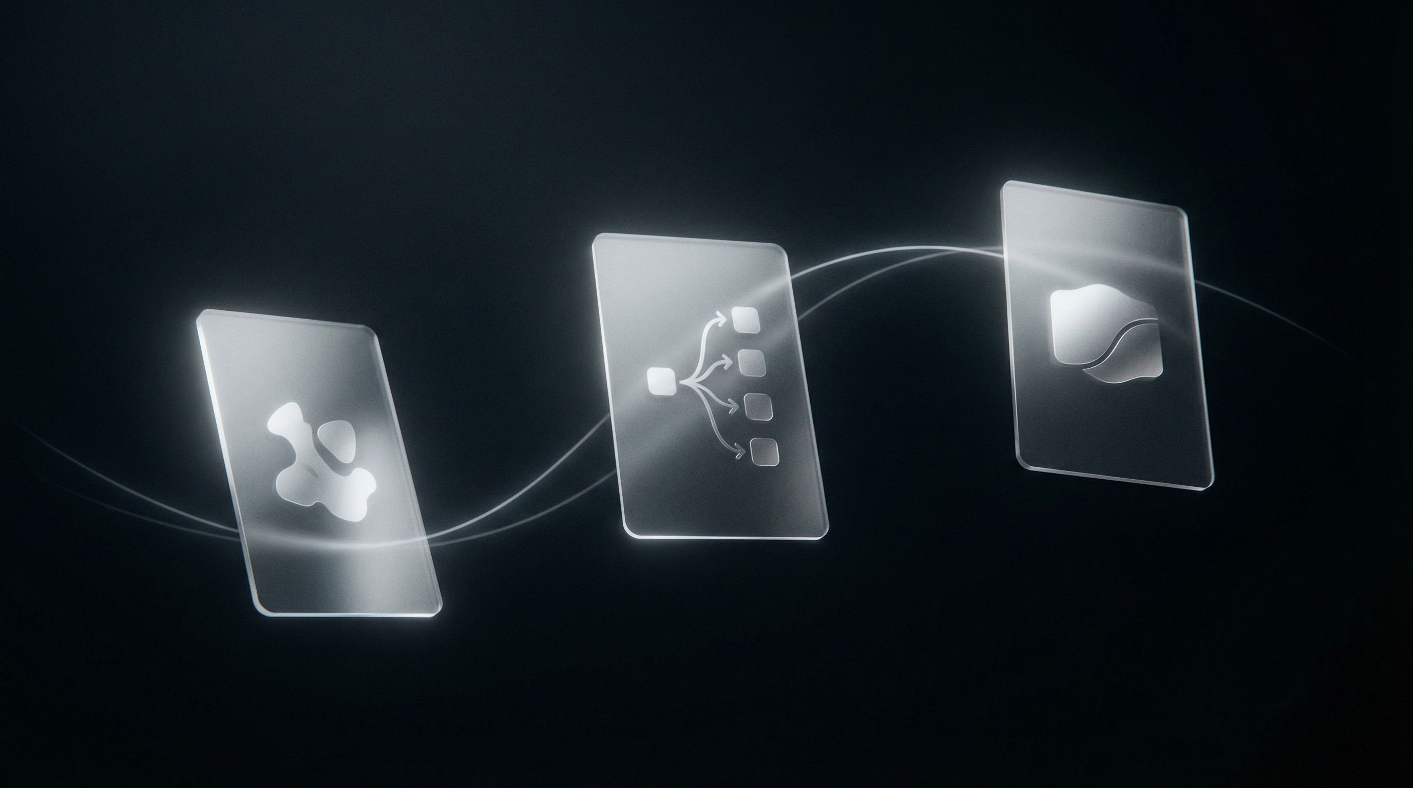 Futuristic glass UI cards on dark background