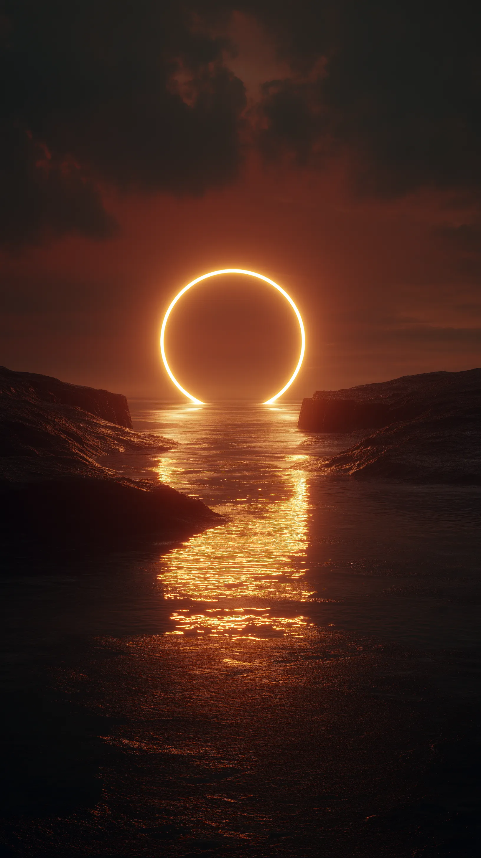 Neon Ring Sunset over Dark Coastal Waters