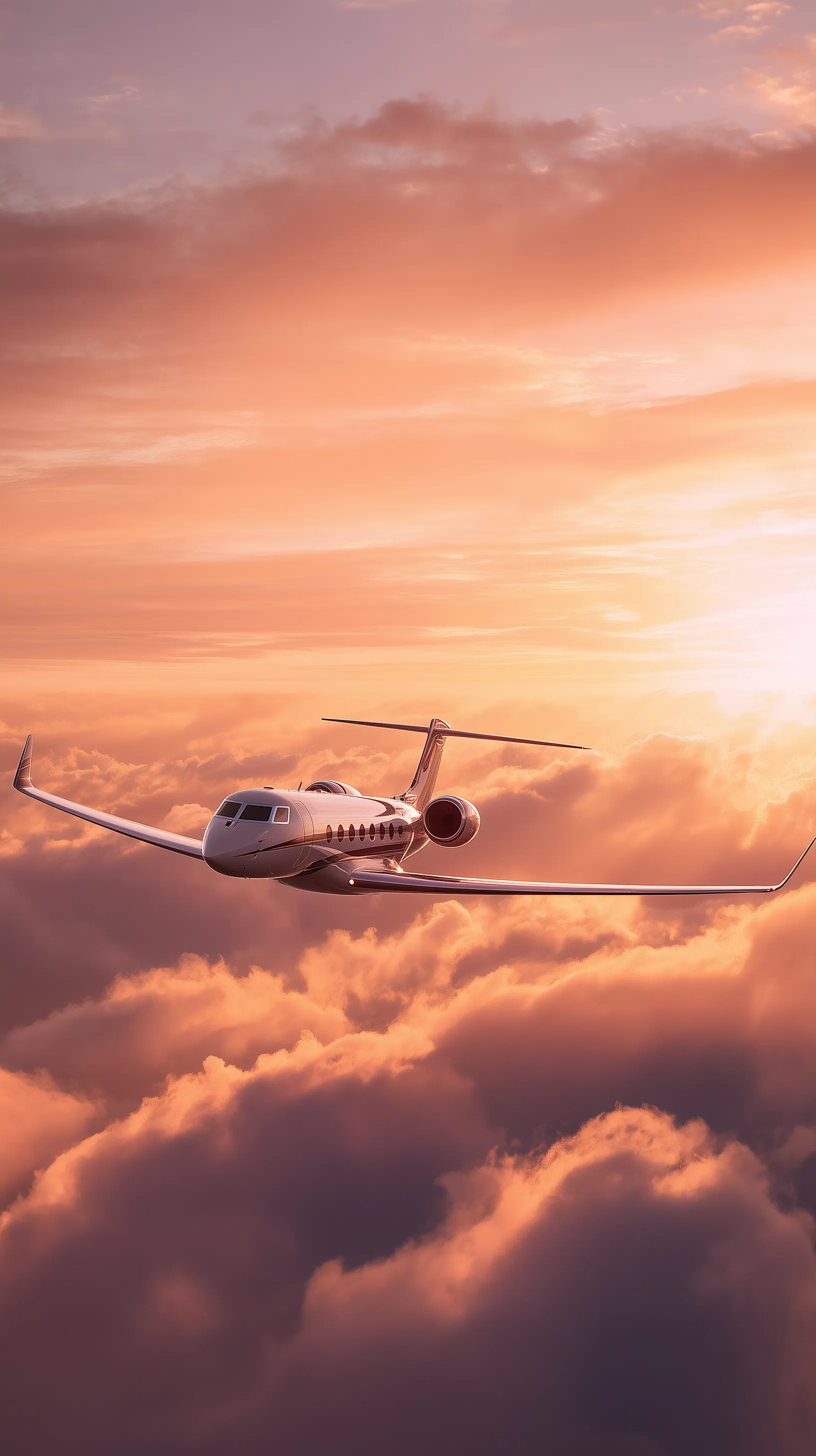 Private jet flying above clouds at sunset