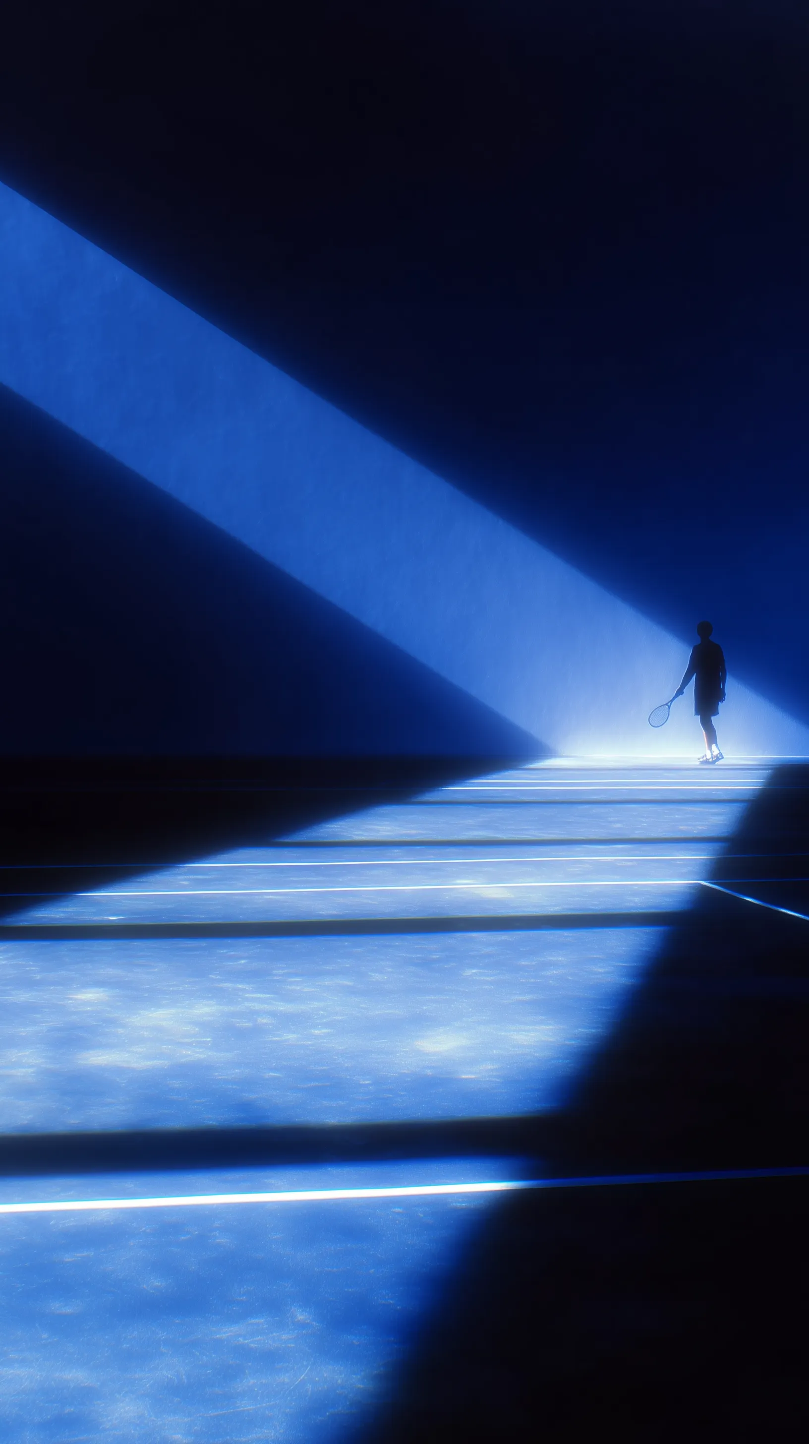 Silhouetted tennis player in dramatic blue light