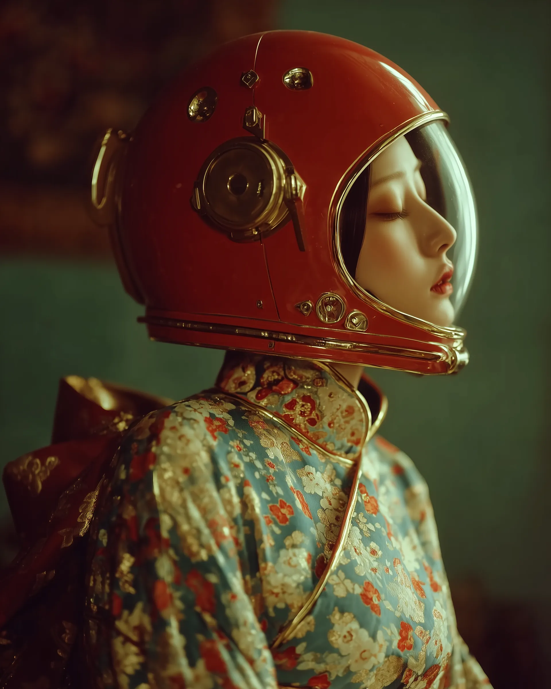 Woman in floral kimono wearing red space helmet