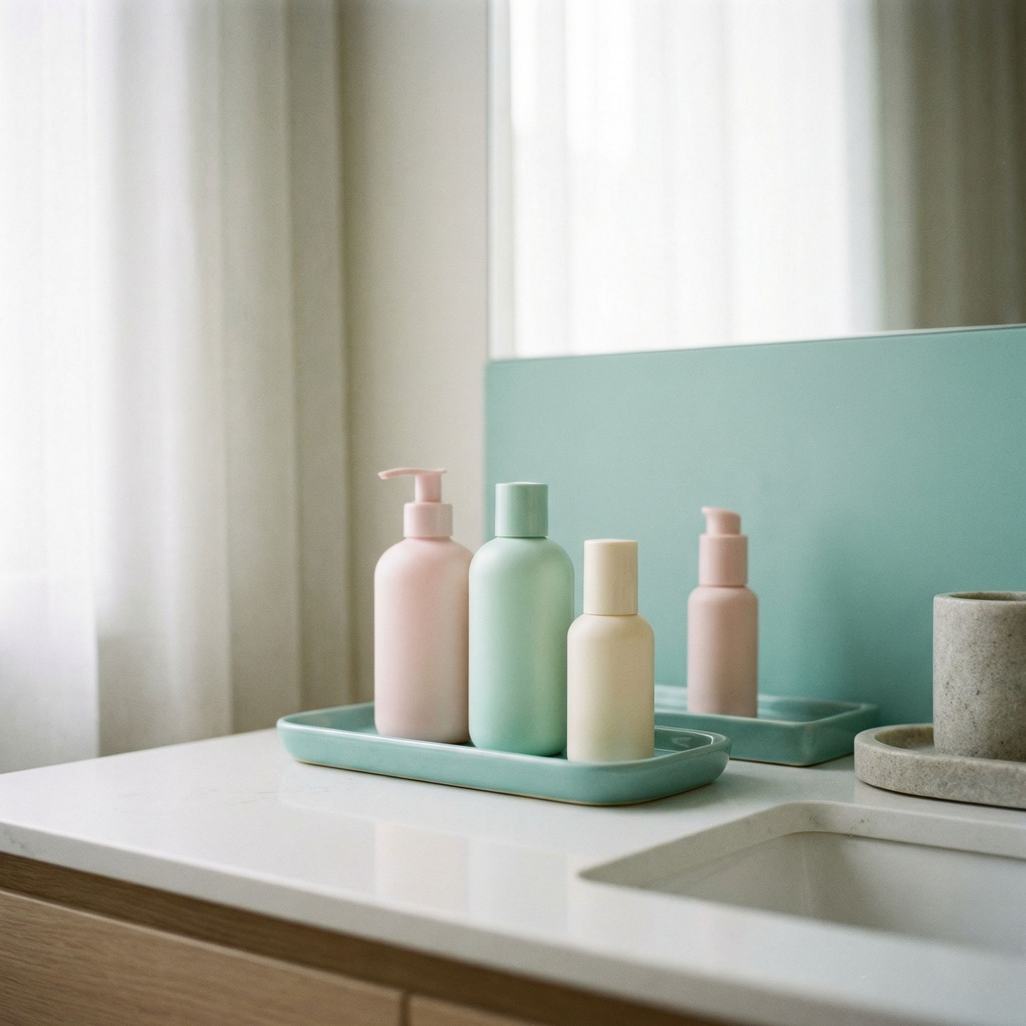 Minimalist bathroom counter with pastel bottles