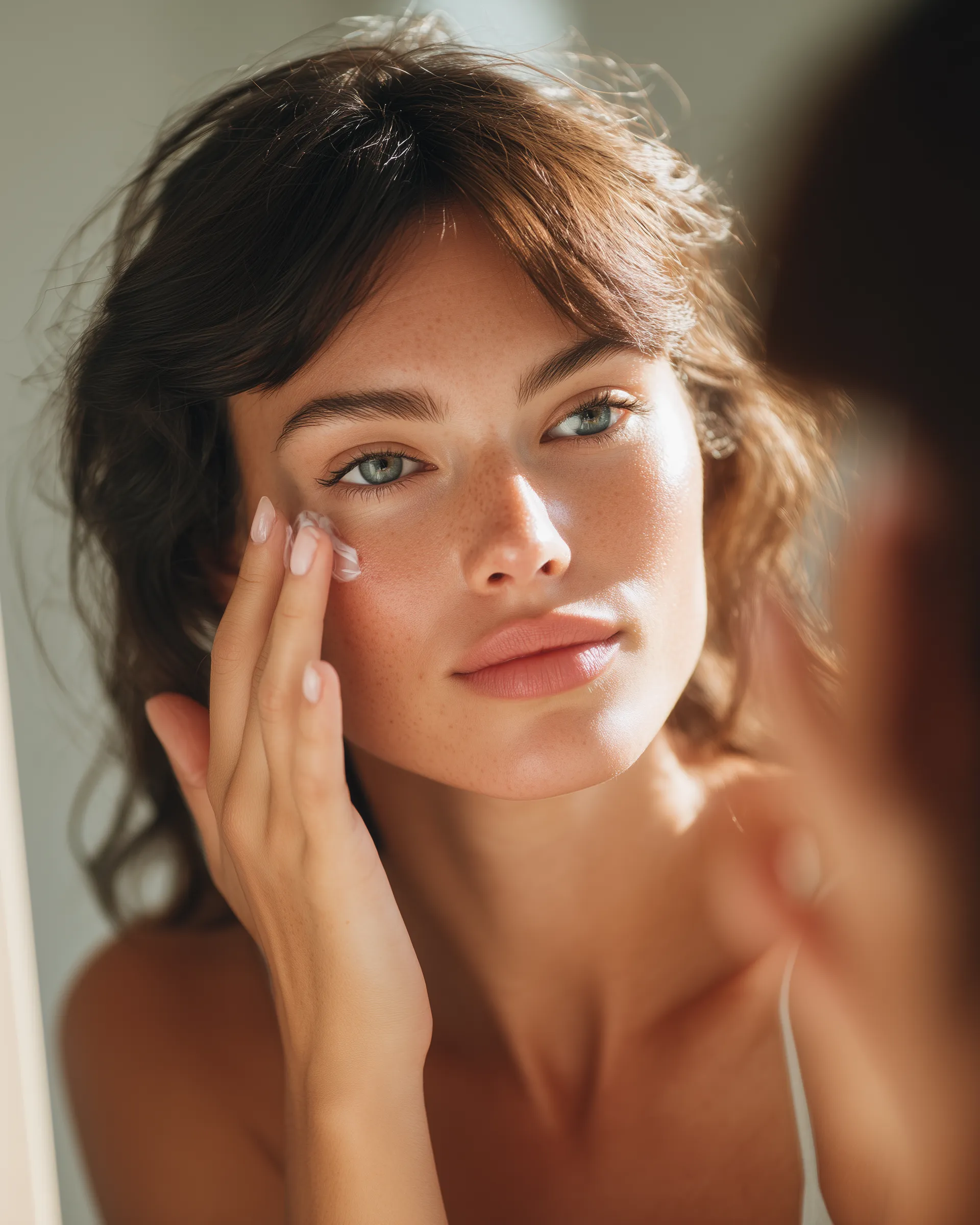 Woman Applying Skincare Cream by Mirror