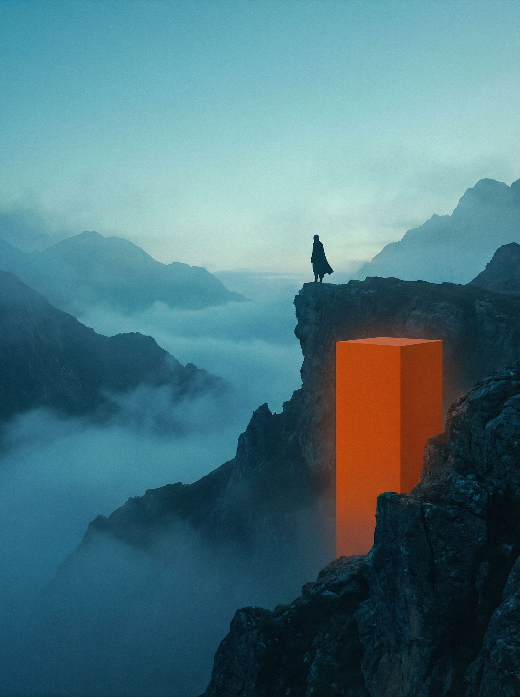 Silhouette Over Misty Mountains and Orange Monolith