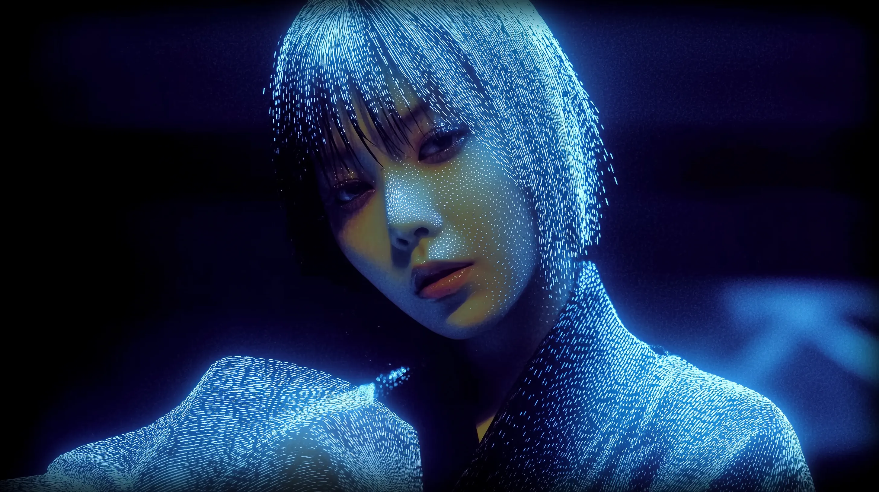 Cyberpunk Digital Portrait with Blue Fiber Optic Glow