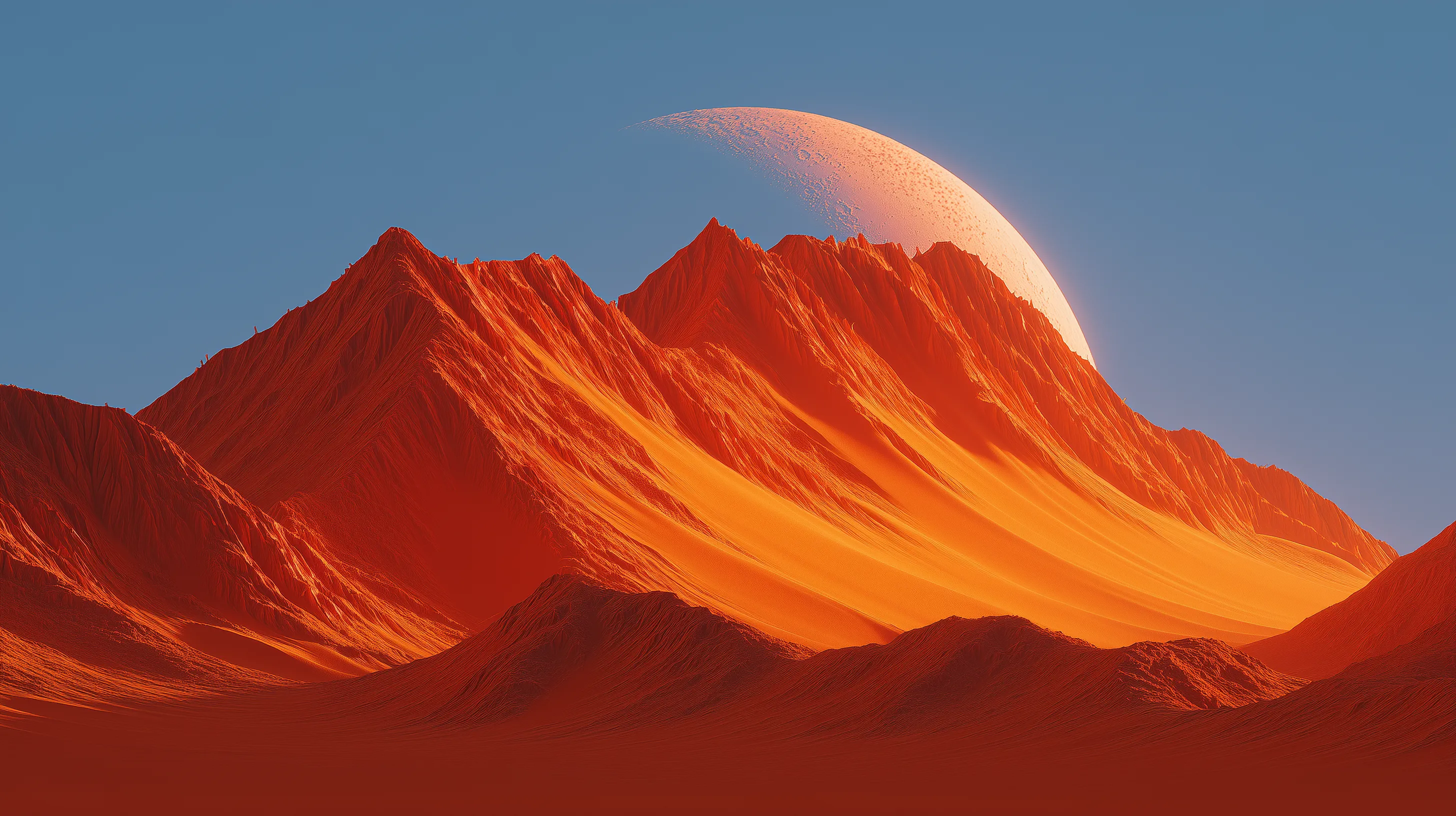 Surreal Orange Mountain Landscape with Moon