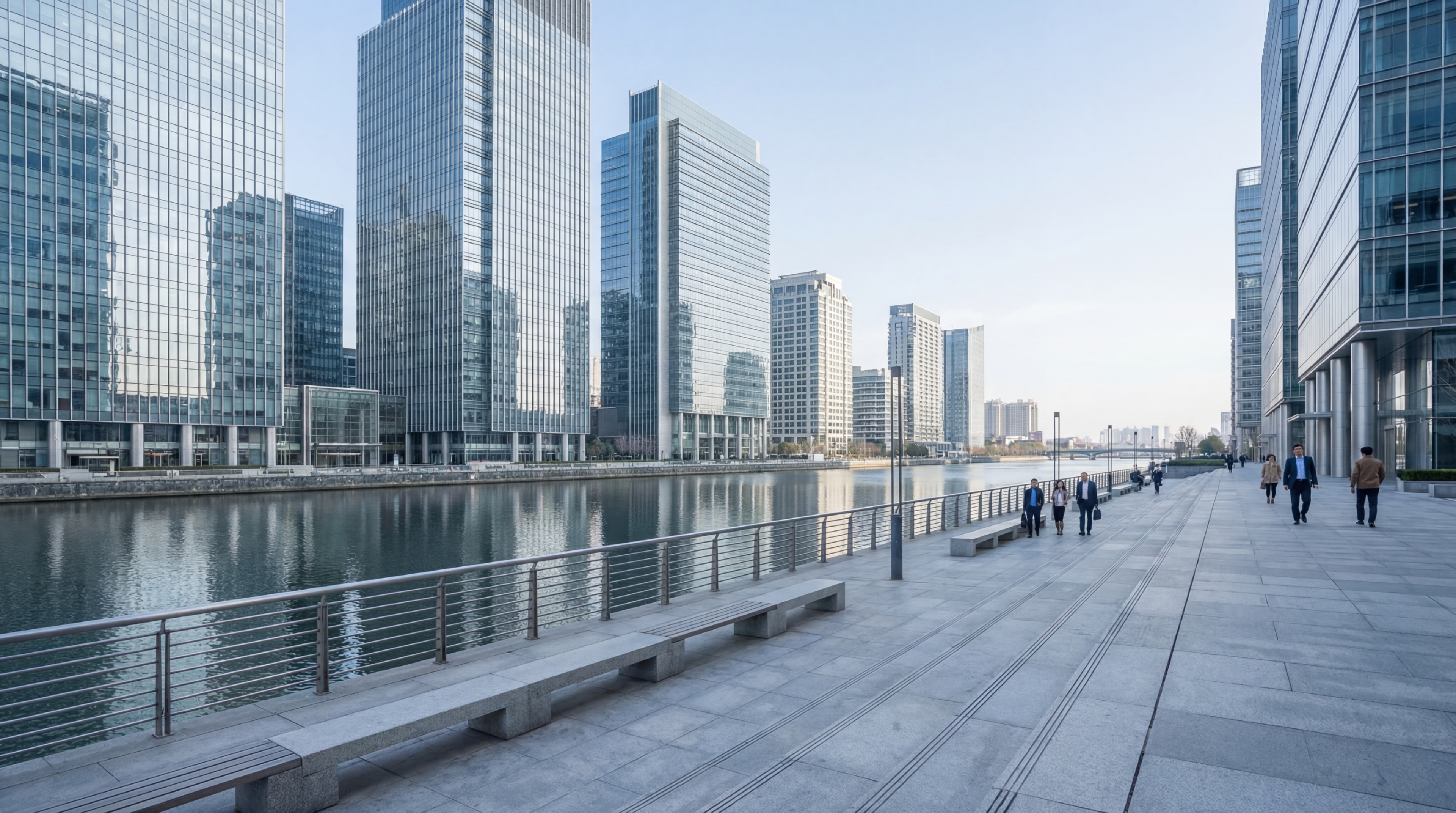 Modern riverside business district walkway